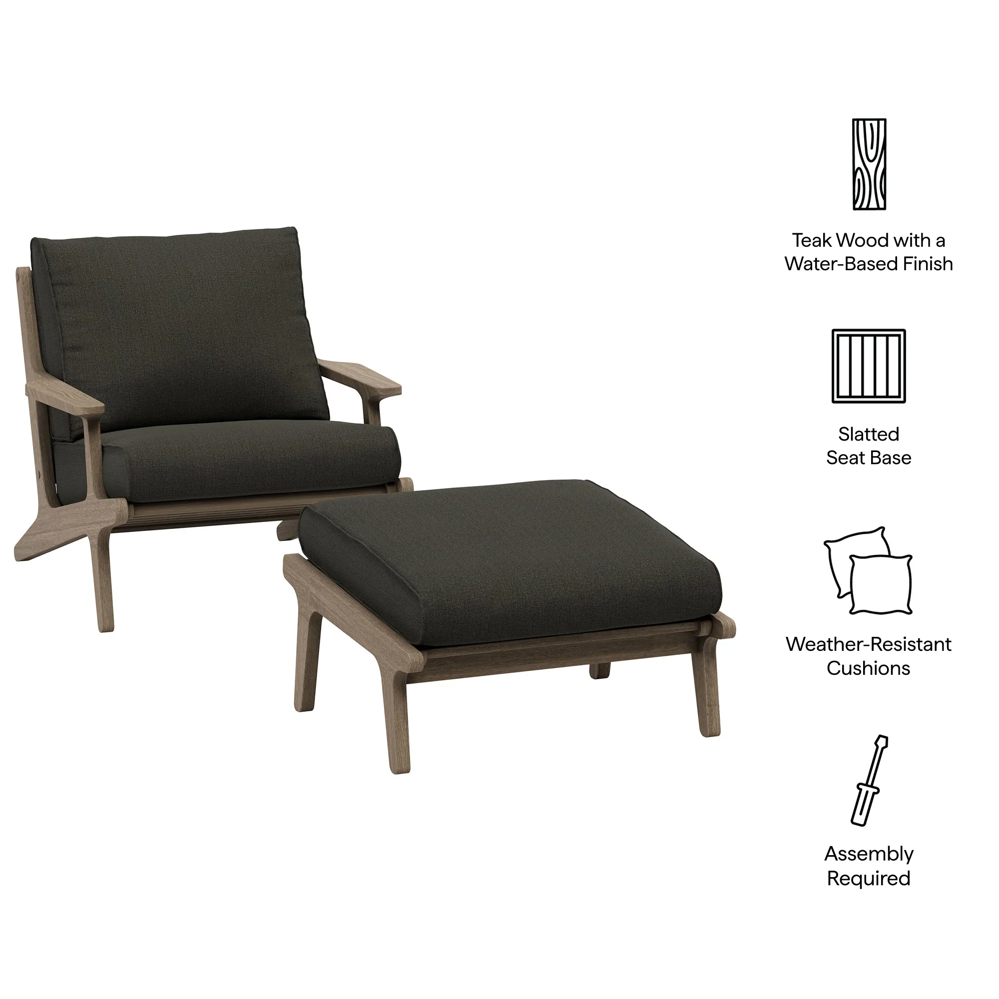 Saratoga Outdoor Patio Teak Wood Chair and Ottoman Set in Weathered - Image 25