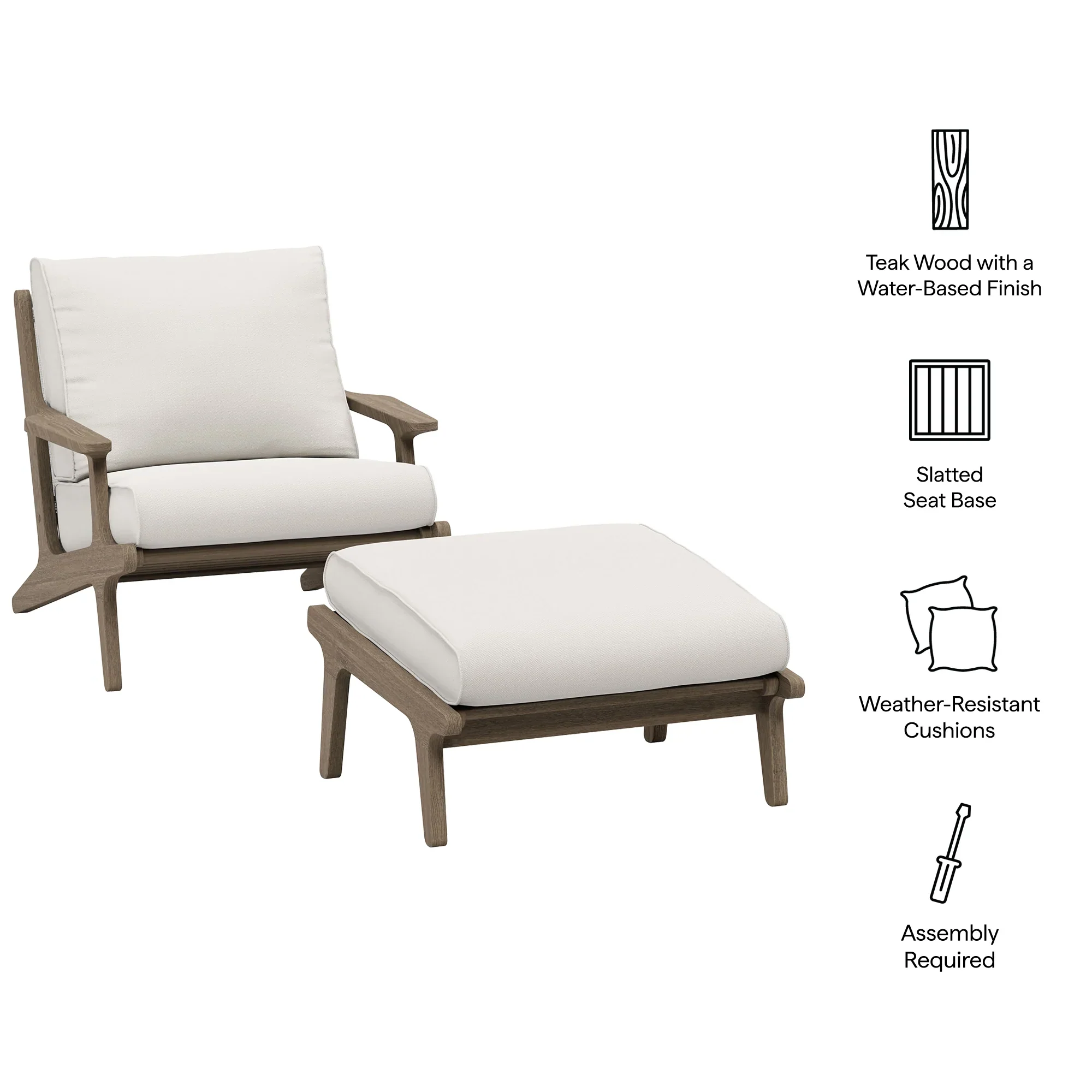 Saratoga Outdoor Patio Teak Wood Chair and Ottoman Set in Weathered - Image 3