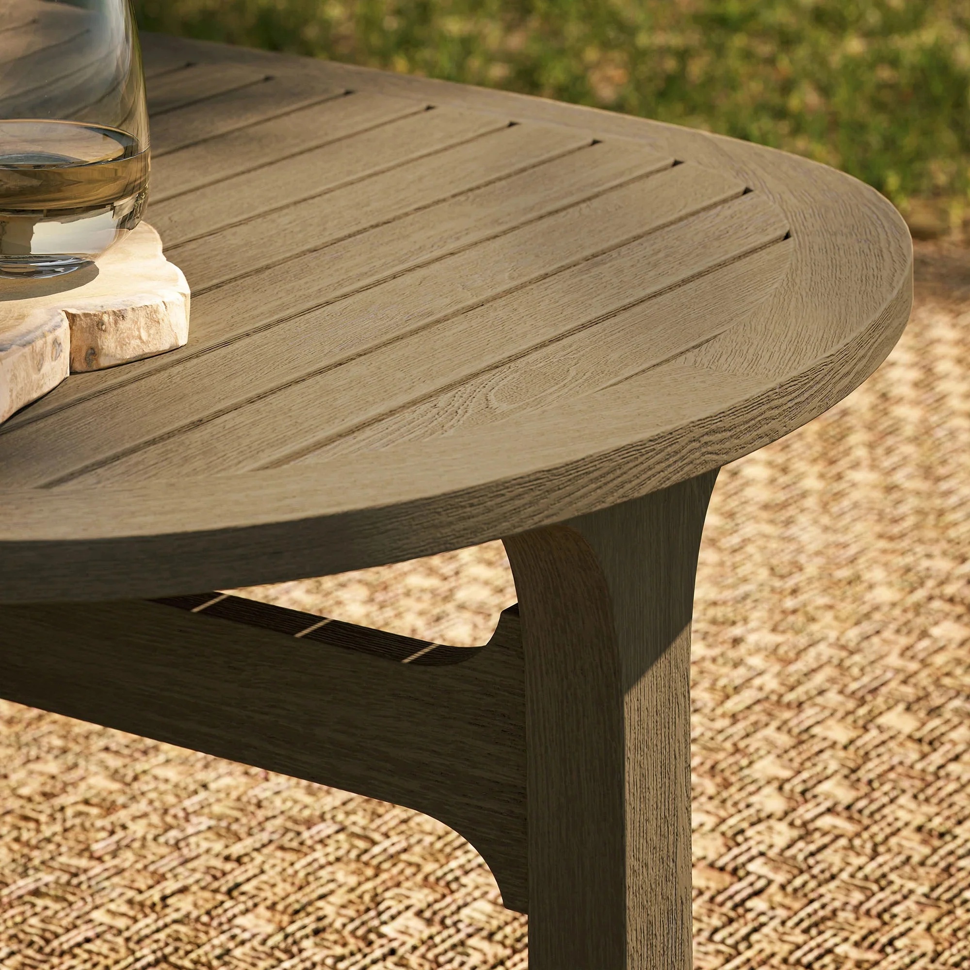 Saratoga Oval Outdoor Patio Teak Wood Coffee Table in Weathered Gray - Image 3