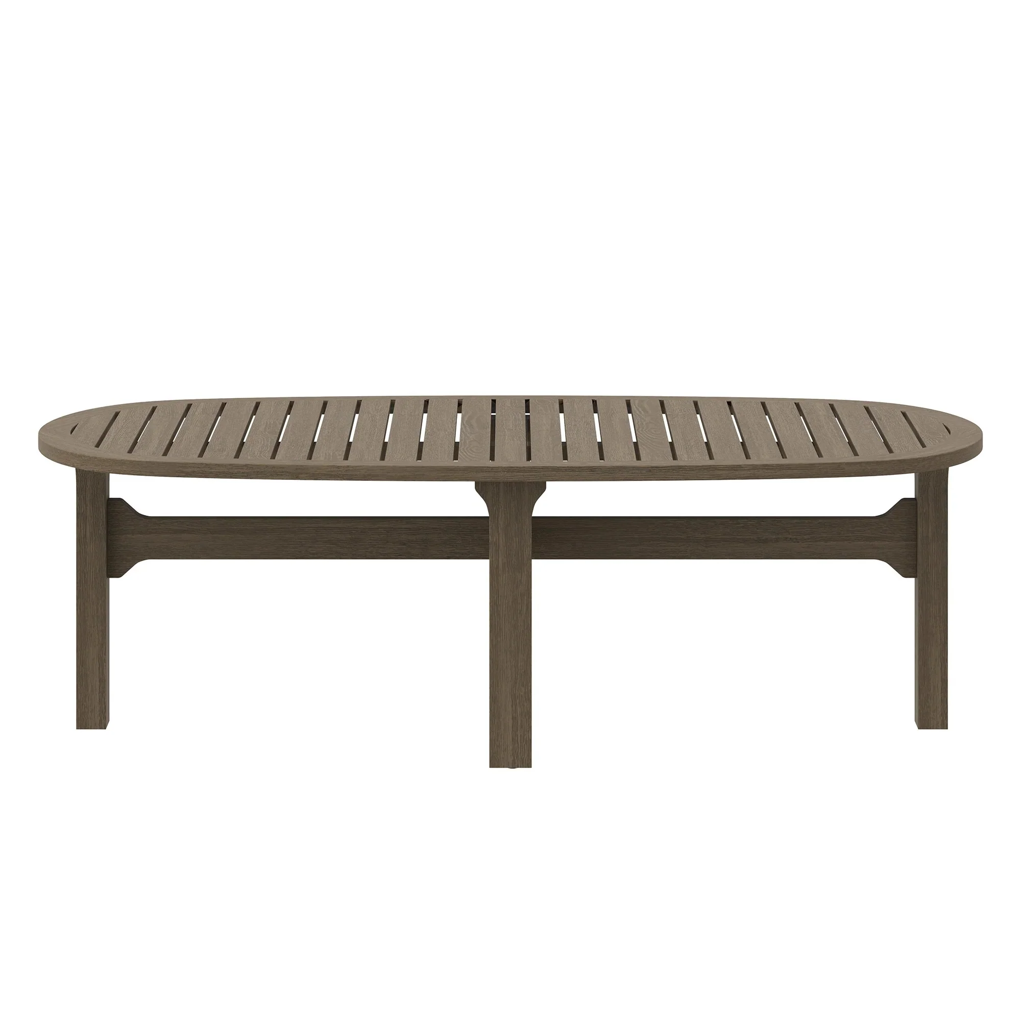 Saratoga Oval Outdoor Patio Teak Wood Coffee Table in Weathered Gray - Image 5