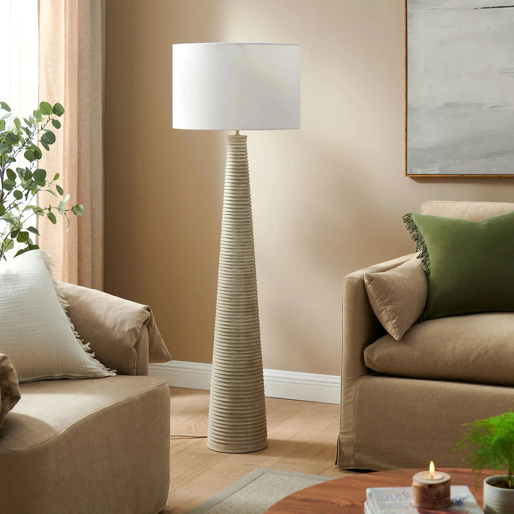 Saylor Carved Ribbed Wood Floor Lamp With Drum Shade in White Gray - Image 2