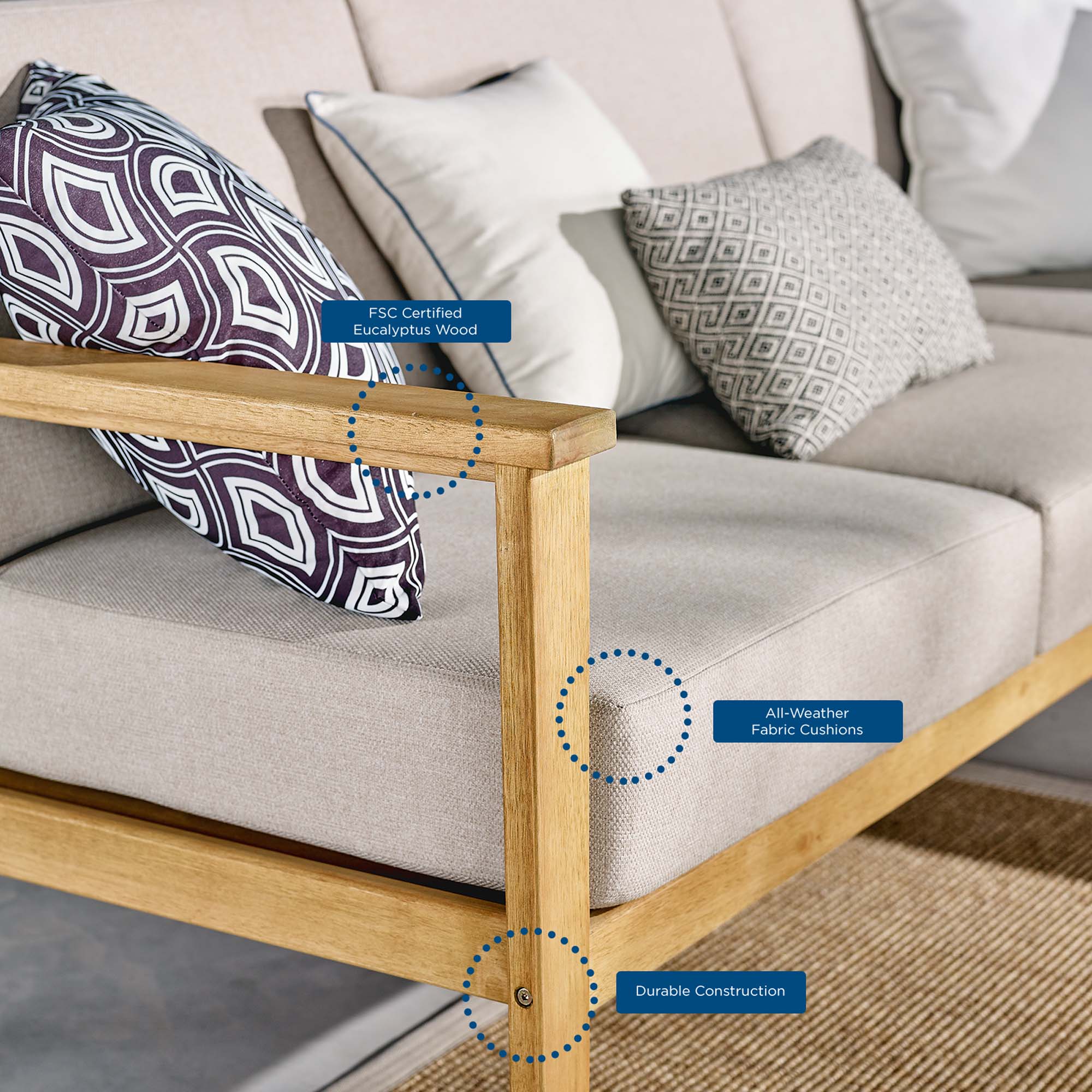 Sedona Outdoor Patio Eucalyptus Wood Sectional Sofa Armless Chair in Natural Taupe - Image 8