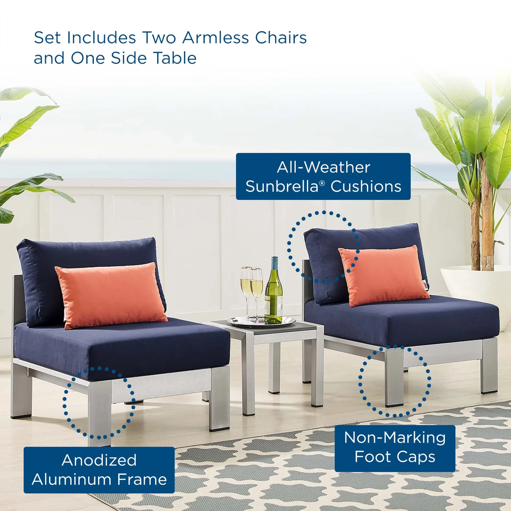 Shore 3 Piece Sunbrella® Fabric Outdoor Patio Aluminum Set - Image 23