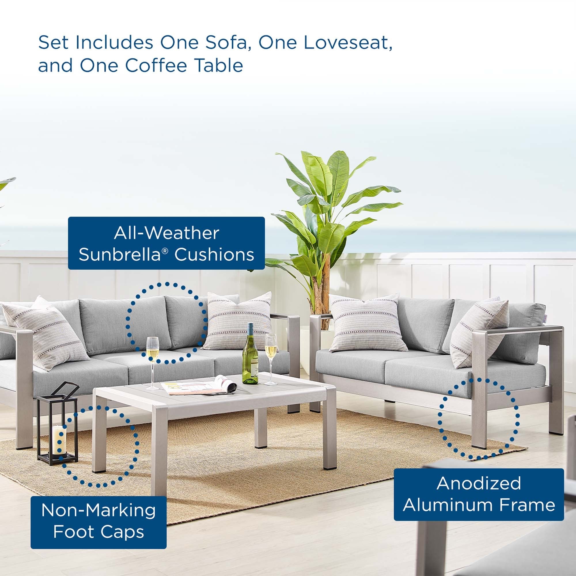 Shore 3 Piece Sunbrella® Fabric Outdoor Patio Aluminum Set - Image 14