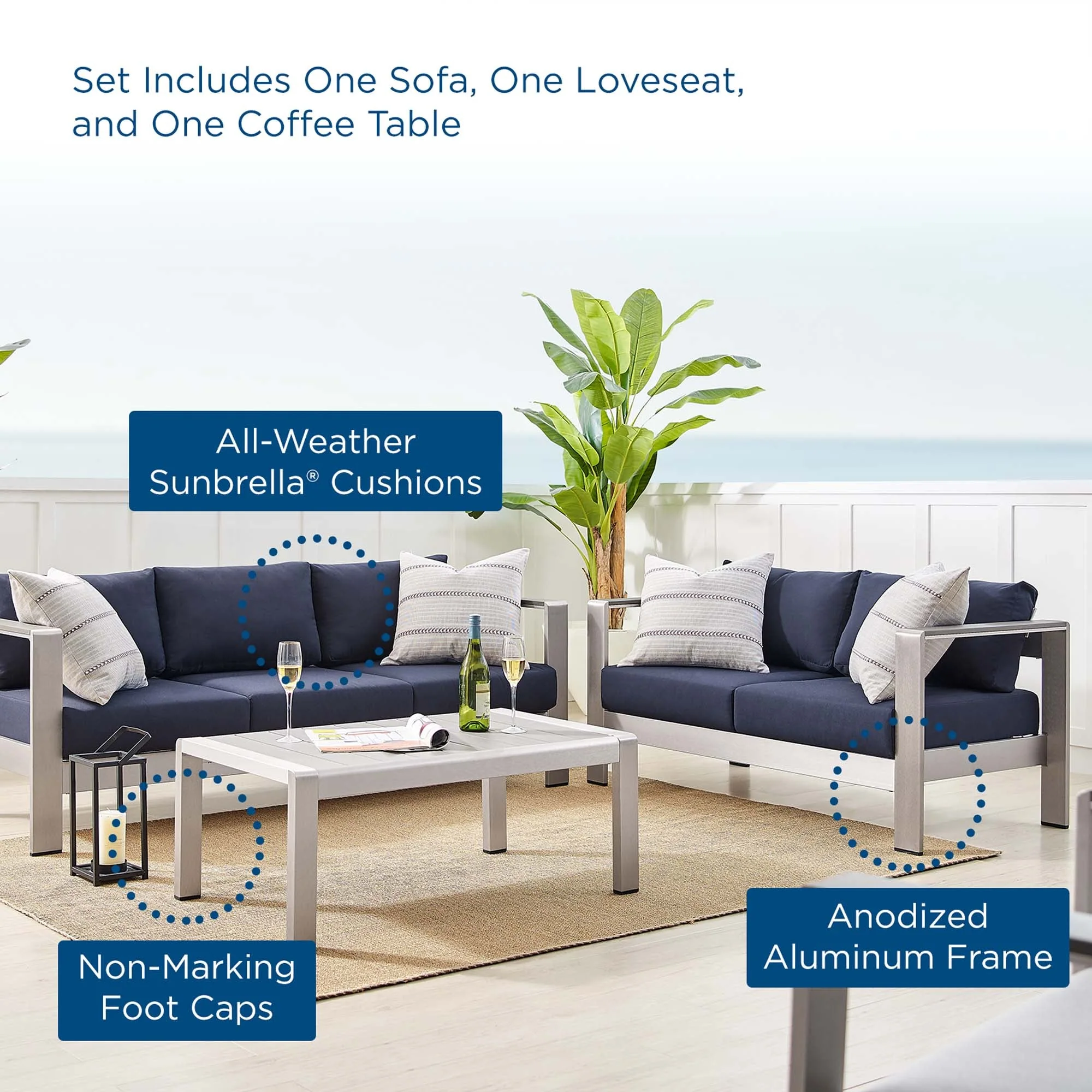 Shore 3 Piece Sunbrella® Fabric Outdoor Patio Aluminum Set - Image 28