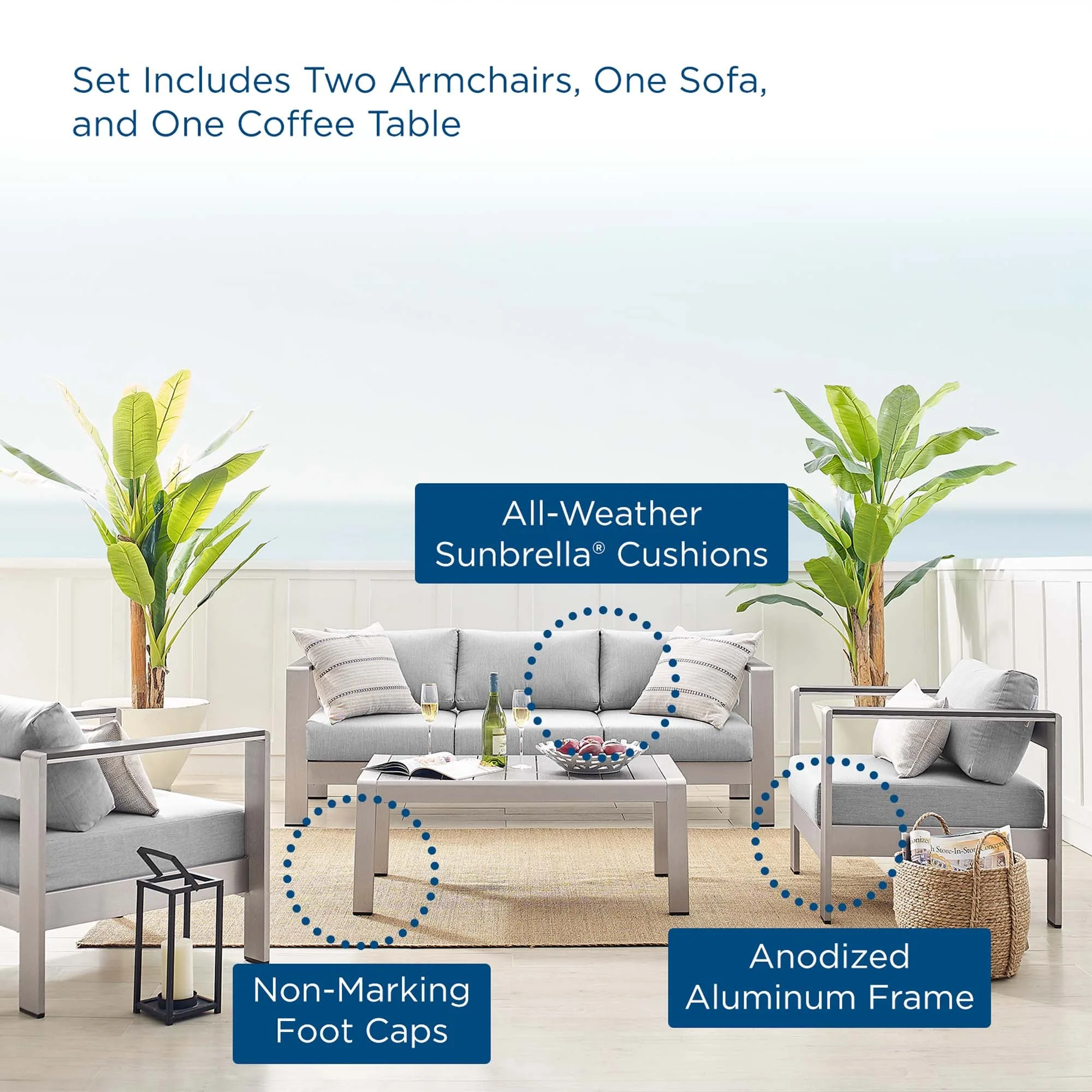 Shore 4 Piece Sunbrella® Fabric Outdoor Patio Aluminum Set - Image 15