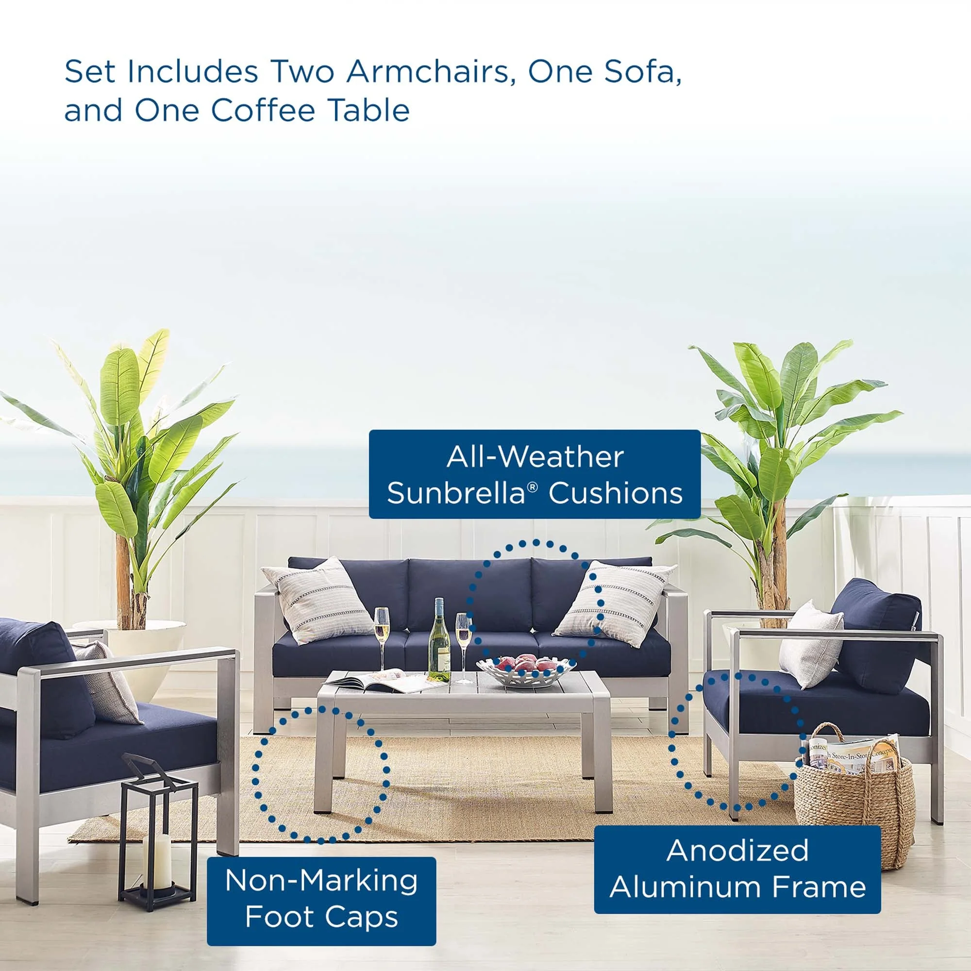 Shore 4 Piece Sunbrella® Fabric Outdoor Patio Aluminum Set - Image 32