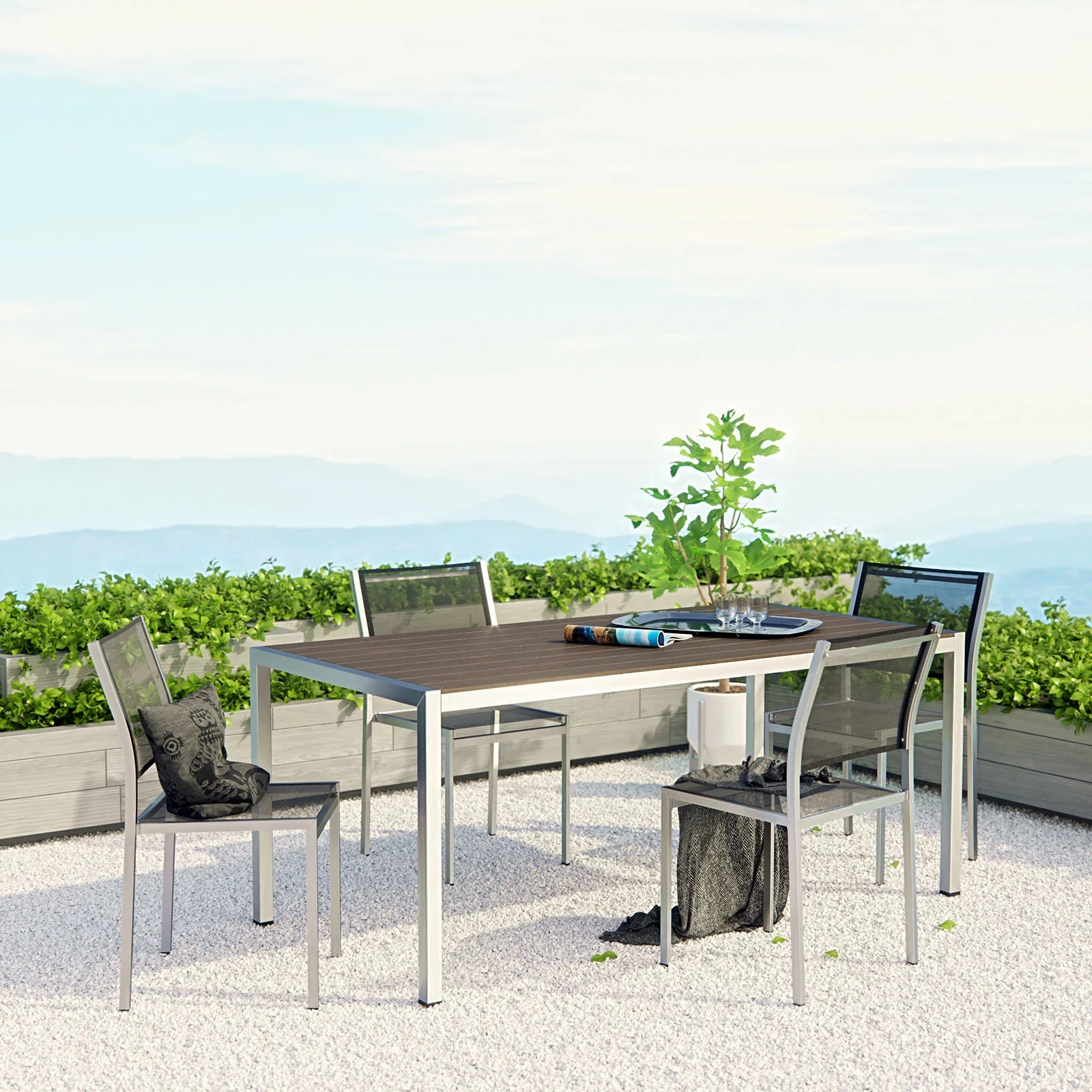 Shore 5 Piece Outdoor Patio Aluminum Dining Set in Silver Black - Image 2