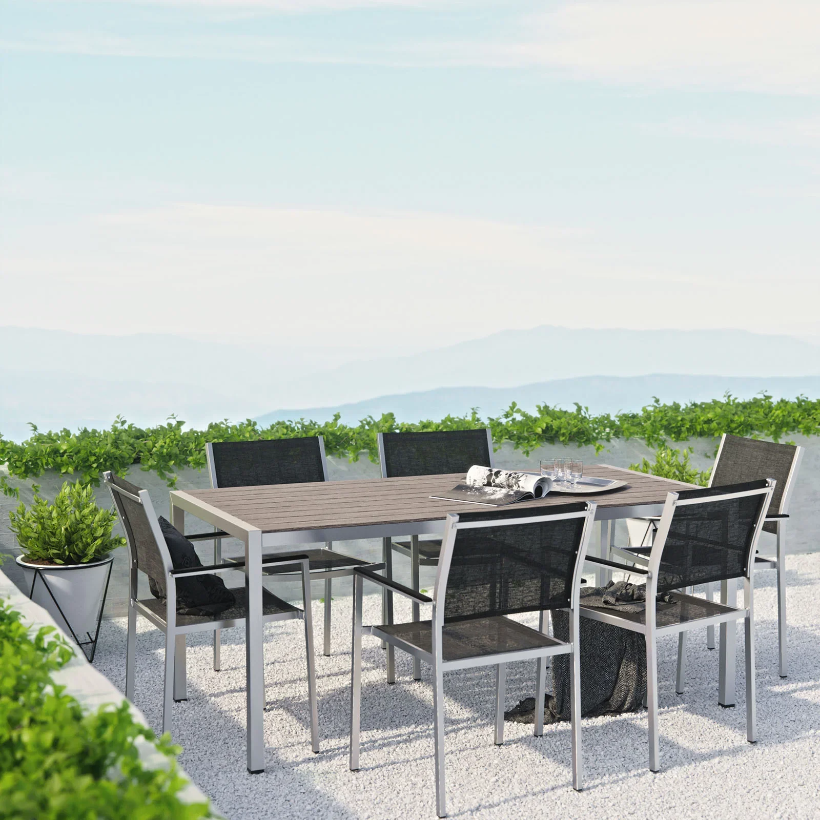 Shore 7 Piece Outdoor Patio Aluminum Dining Set in Silver Black - Image 2
