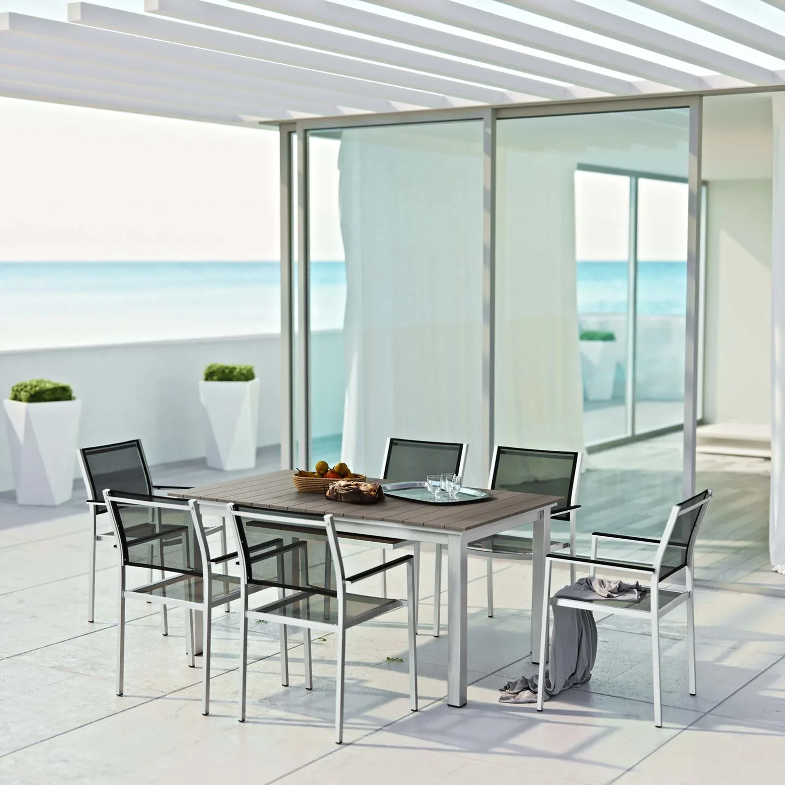 Shore 7 Piece Outdoor Patio Aluminum Dining Set in Silver Black - Image 2