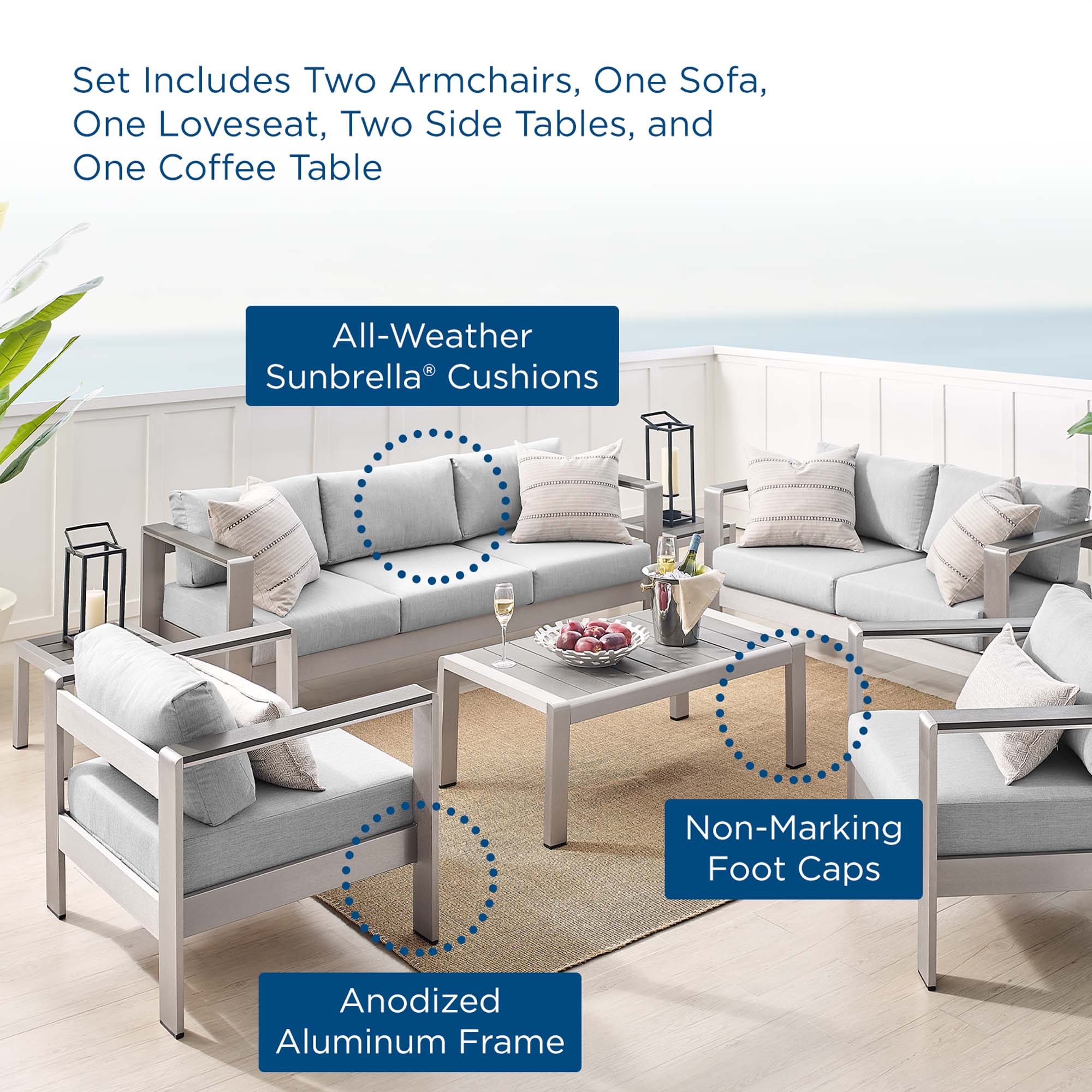 Shore 7 Piece Sunbrella® Fabric Outdoor Patio Aluminum Set - Image 18