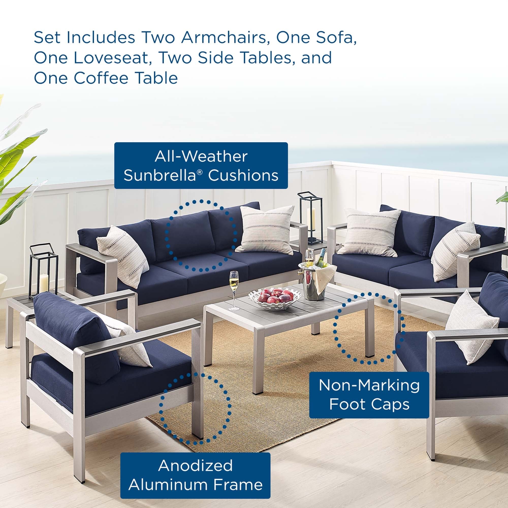 Shore 7 Piece Sunbrella® Fabric Outdoor Patio Aluminum Set - Image 35