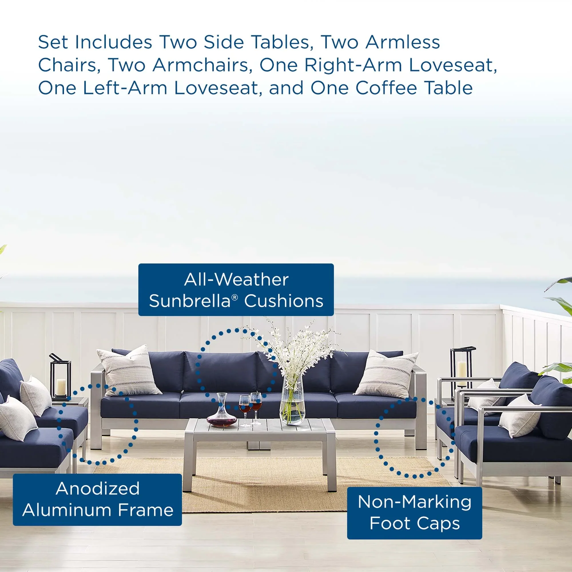 Shore 9 Piece Sunbrella® Fabric Outdoor Patio Aluminum Sectional Sofa Set in Silver Navy - Image 19