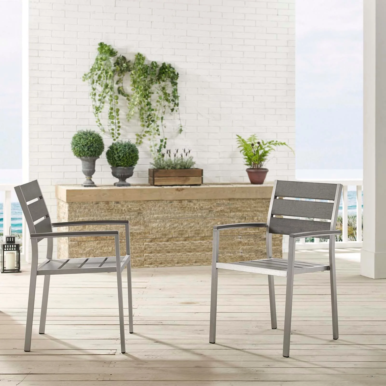 Shore Outdoor Patio Aluminum Dining Armchair Set of 2 in Silver Gray - Image 2