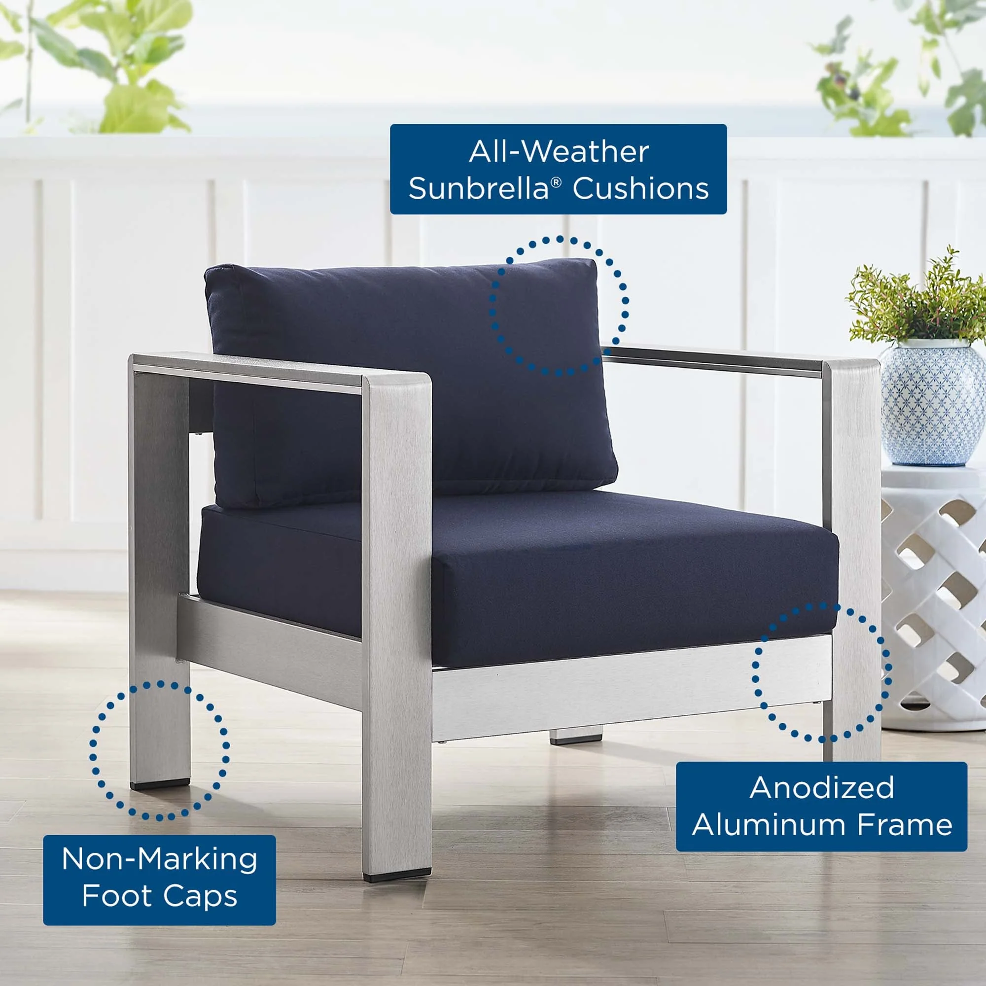 Shore Sunbrella® Fabric Aluminum Outdoor Patio Armchair - Image 16