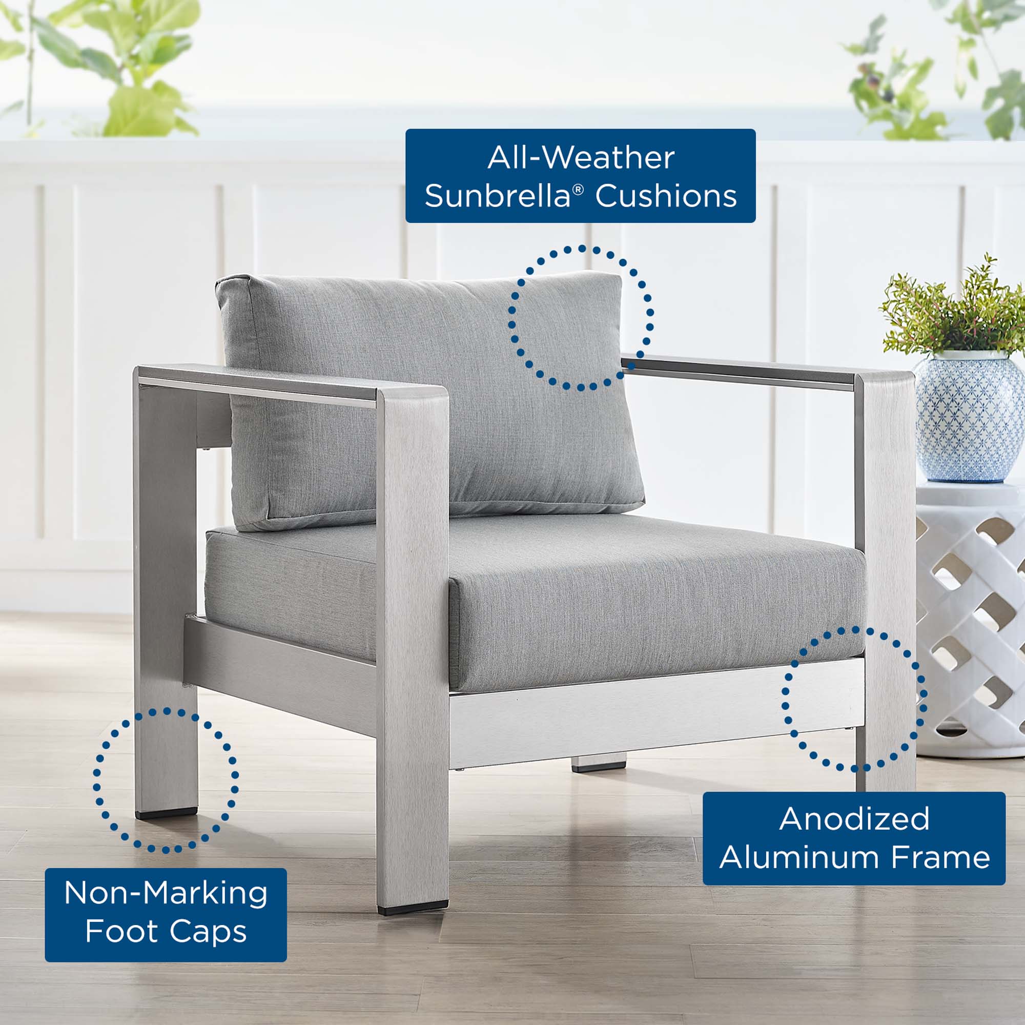 Shore Sunbrella® Fabric Aluminum Outdoor Patio Armchair - Image 8