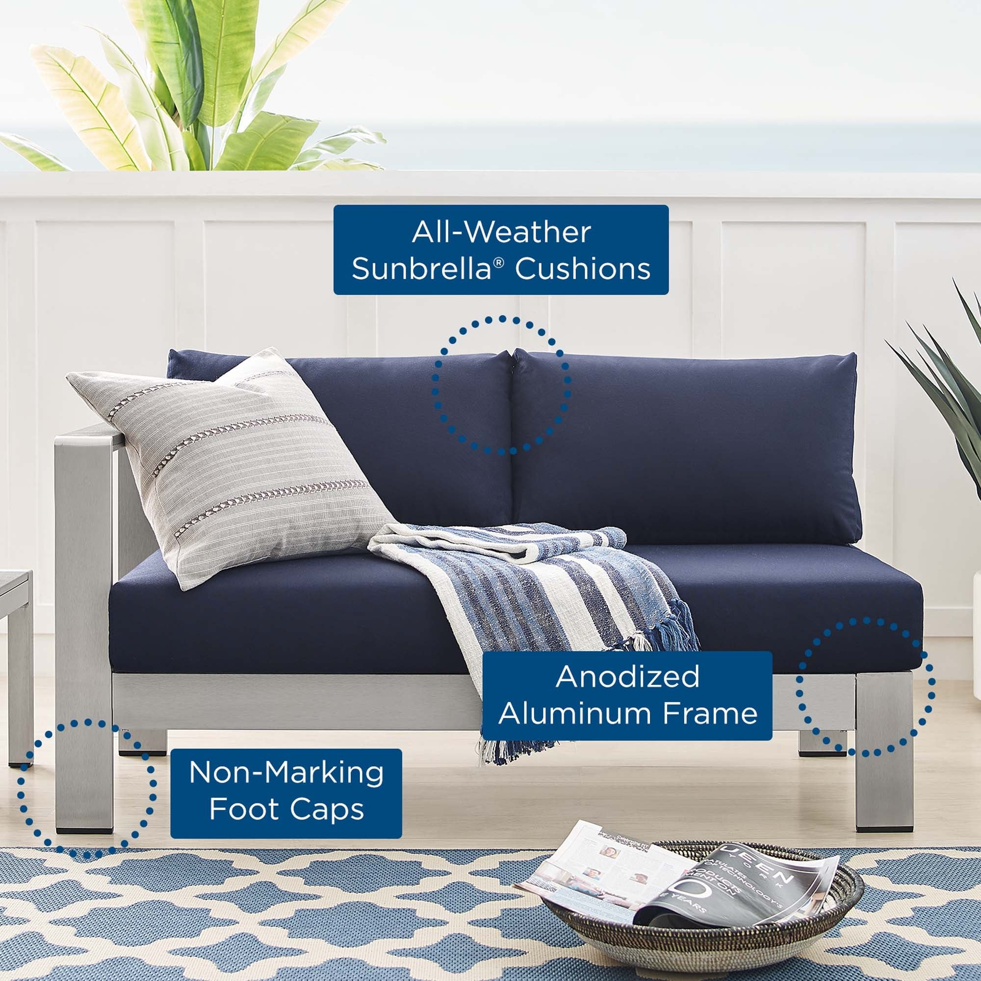 Shore Sunbrella® Fabric Aluminum Outdoor Patio Left-Arm Loveseat - Image 16