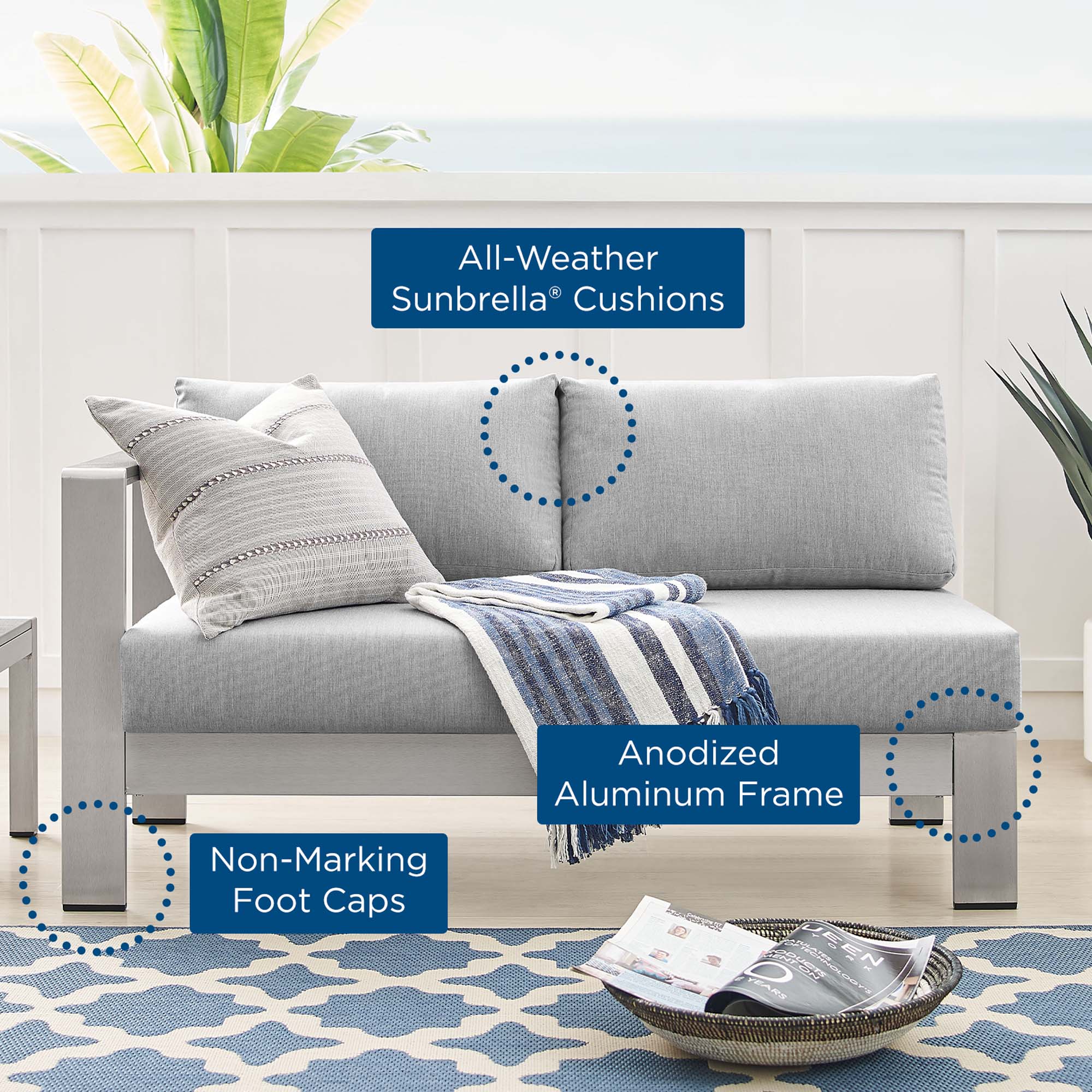 Shore Sunbrella® Fabric Aluminum Outdoor Patio Left-Arm Loveseat - Image 8