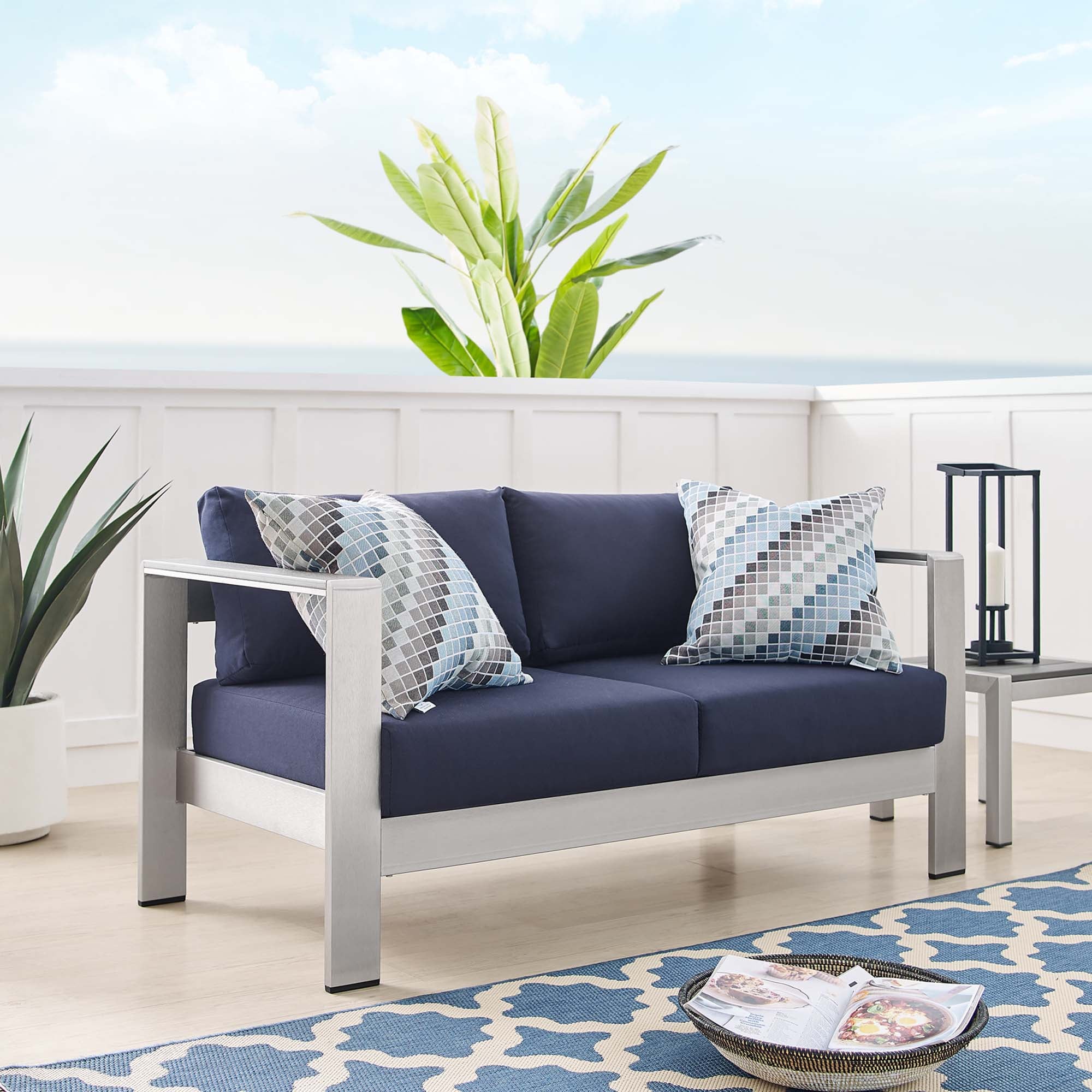 Shore Sunbrella® Fabric Aluminum Outdoor Patio Loveseat - Image 10