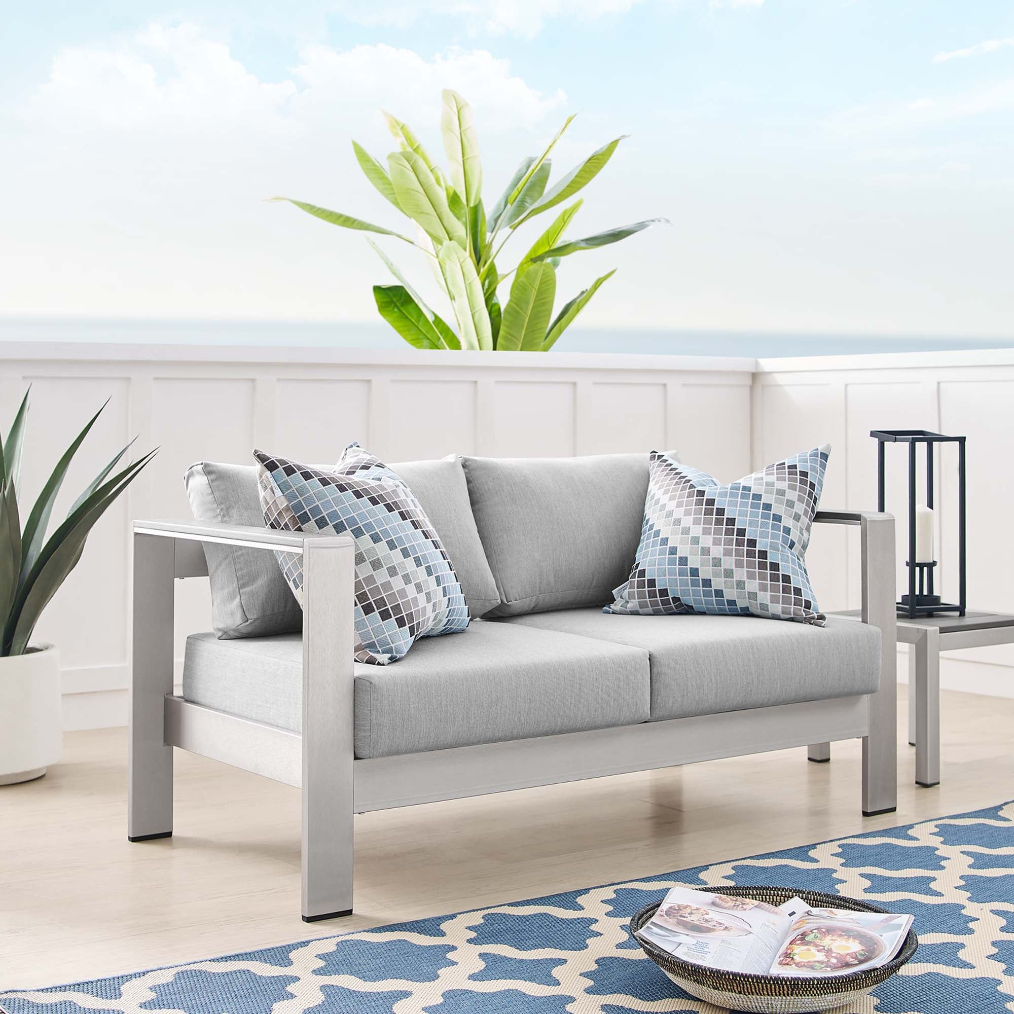 Shore Sunbrella® Fabric Aluminum Outdoor Patio Loveseat - Image 2