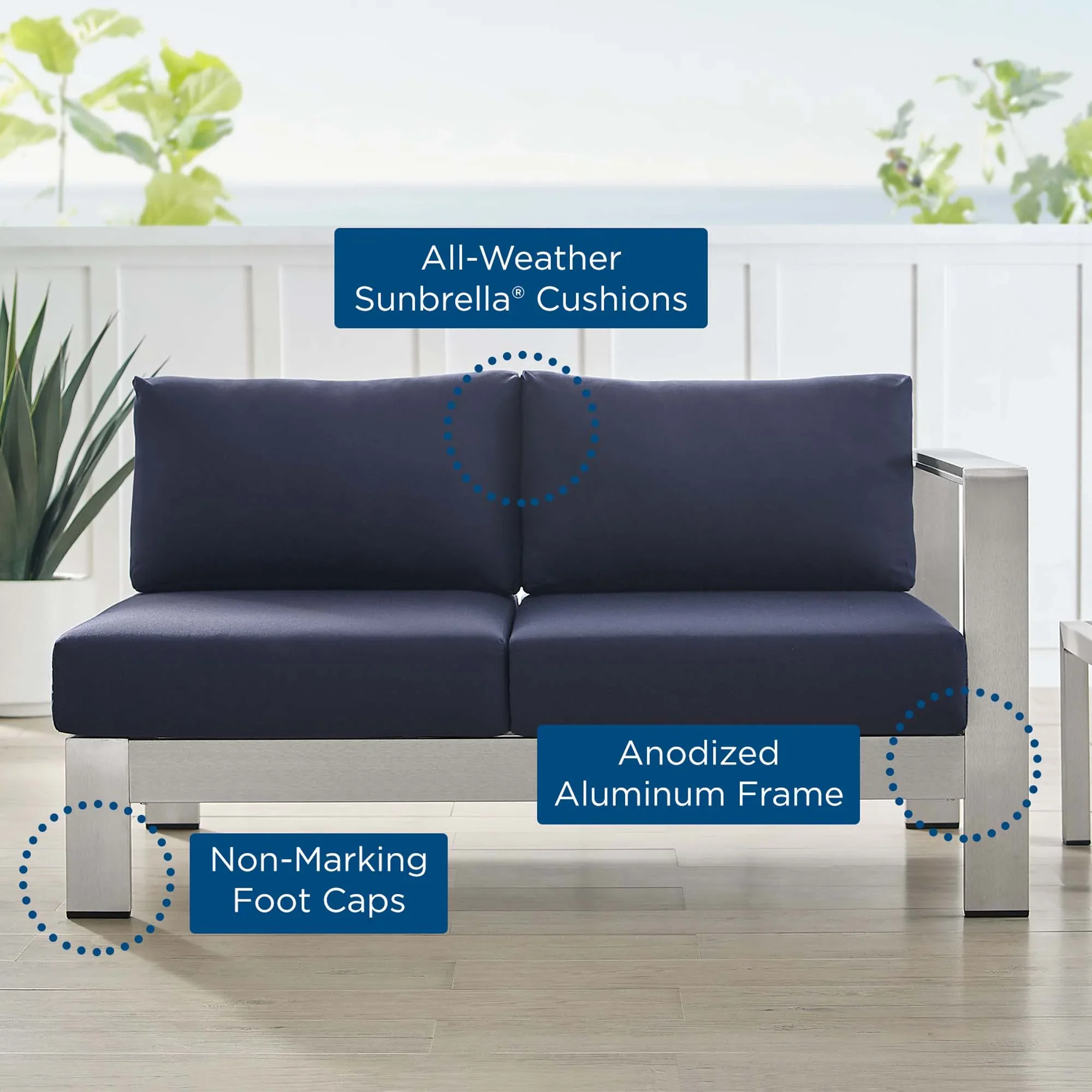 Shore Sunbrella® Fabric Aluminum Outdoor Patio Right-Arm Loveseat - Image 15