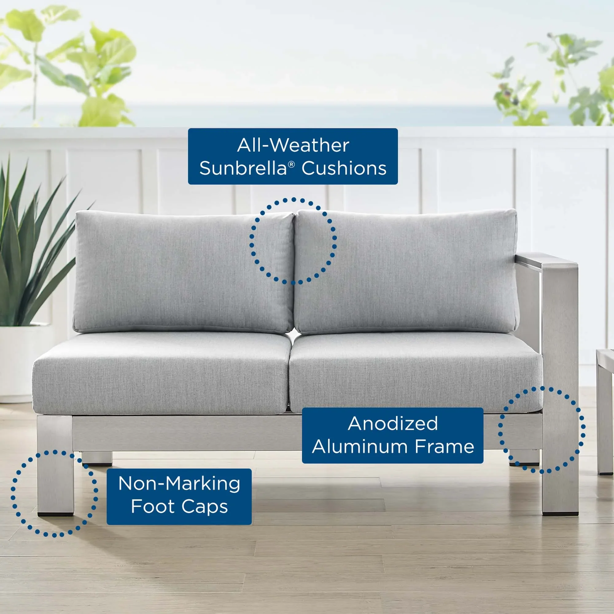 Shore Sunbrella® Fabric Aluminum Outdoor Patio Right-Arm Loveseat - Image 7