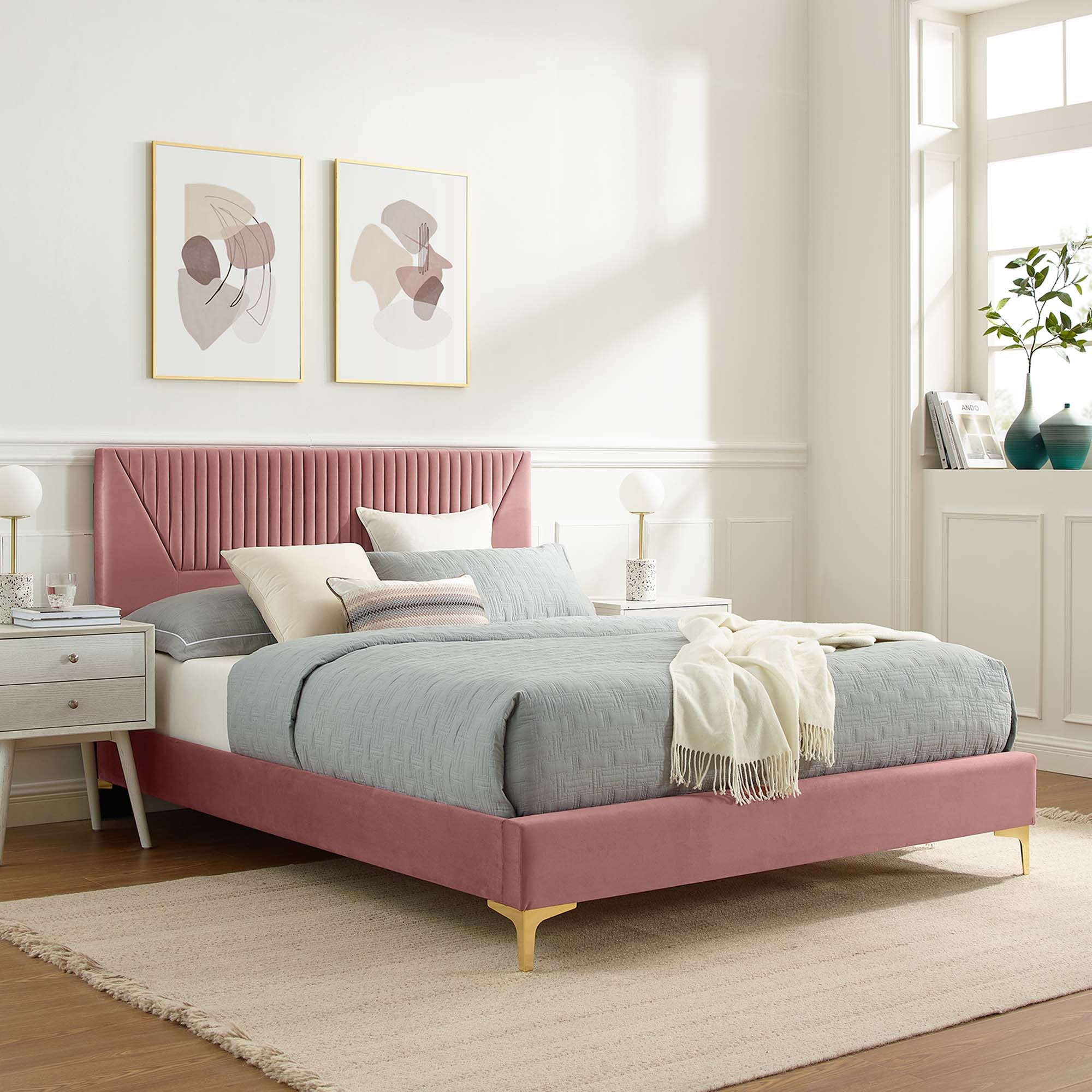 Sienna Performance Velvet Platform Bed With Black Wood Legs - Image 40