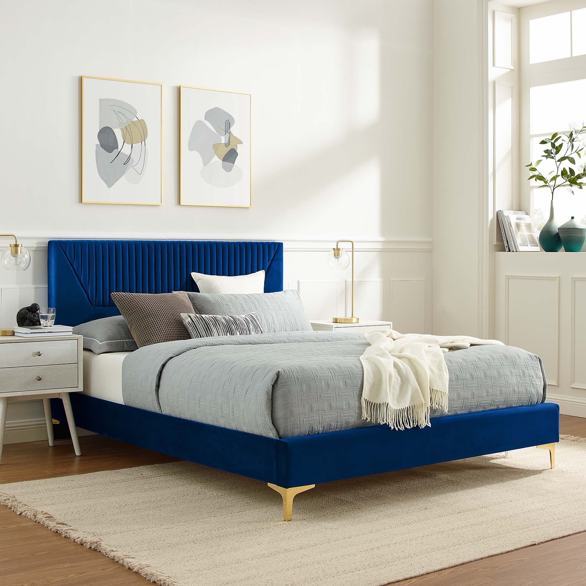 Sienna Performance Velvet Platform Bed With Black Wood Legs - Image 47