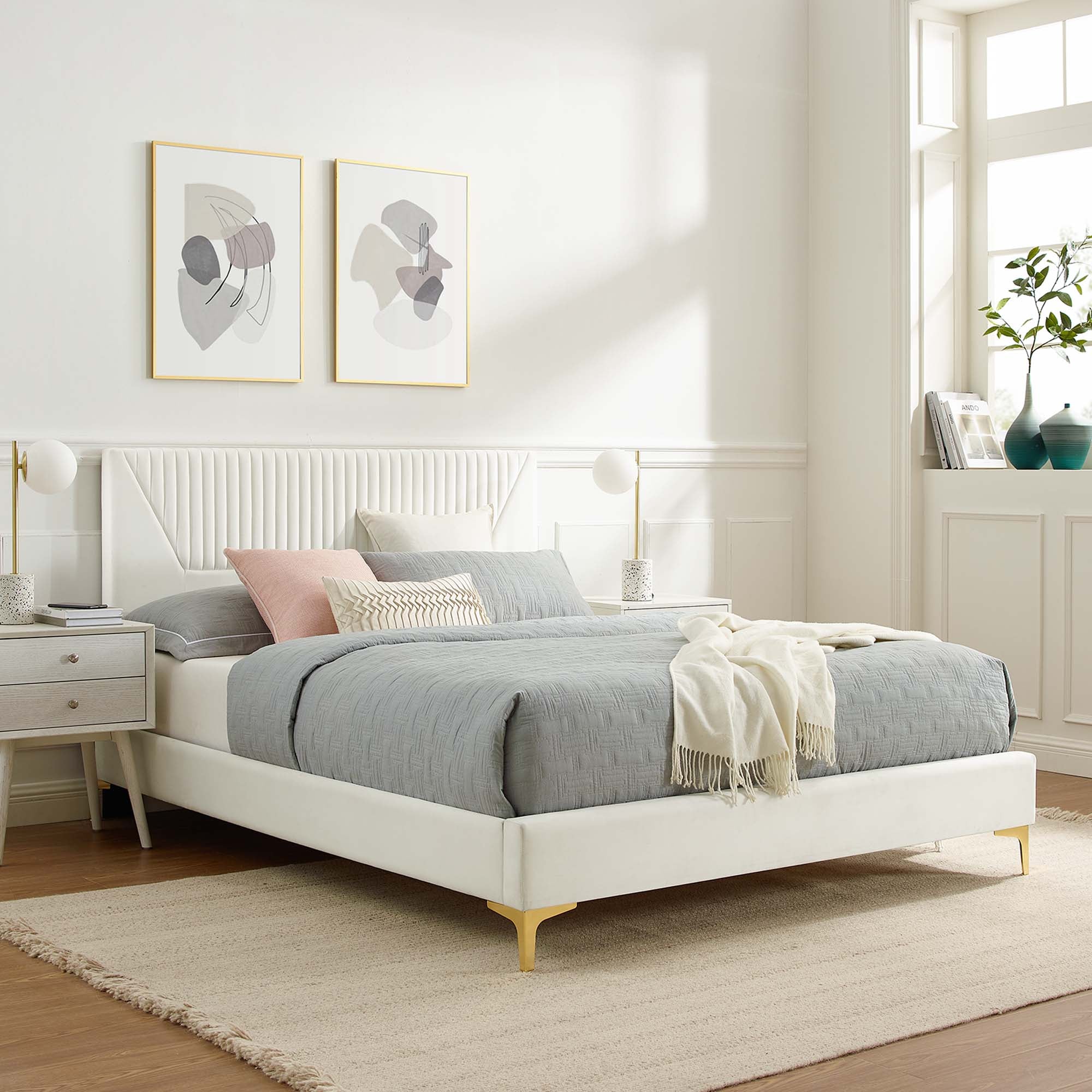 Sienna Performance Velvet Platform Bed With Black Wood Legs - Image 54