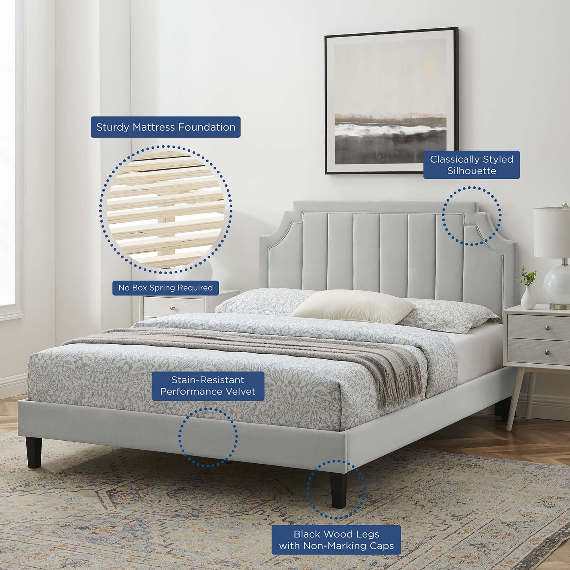 Sienna Performance Velvet Platform Bed With Black Wood Legs - Image 9