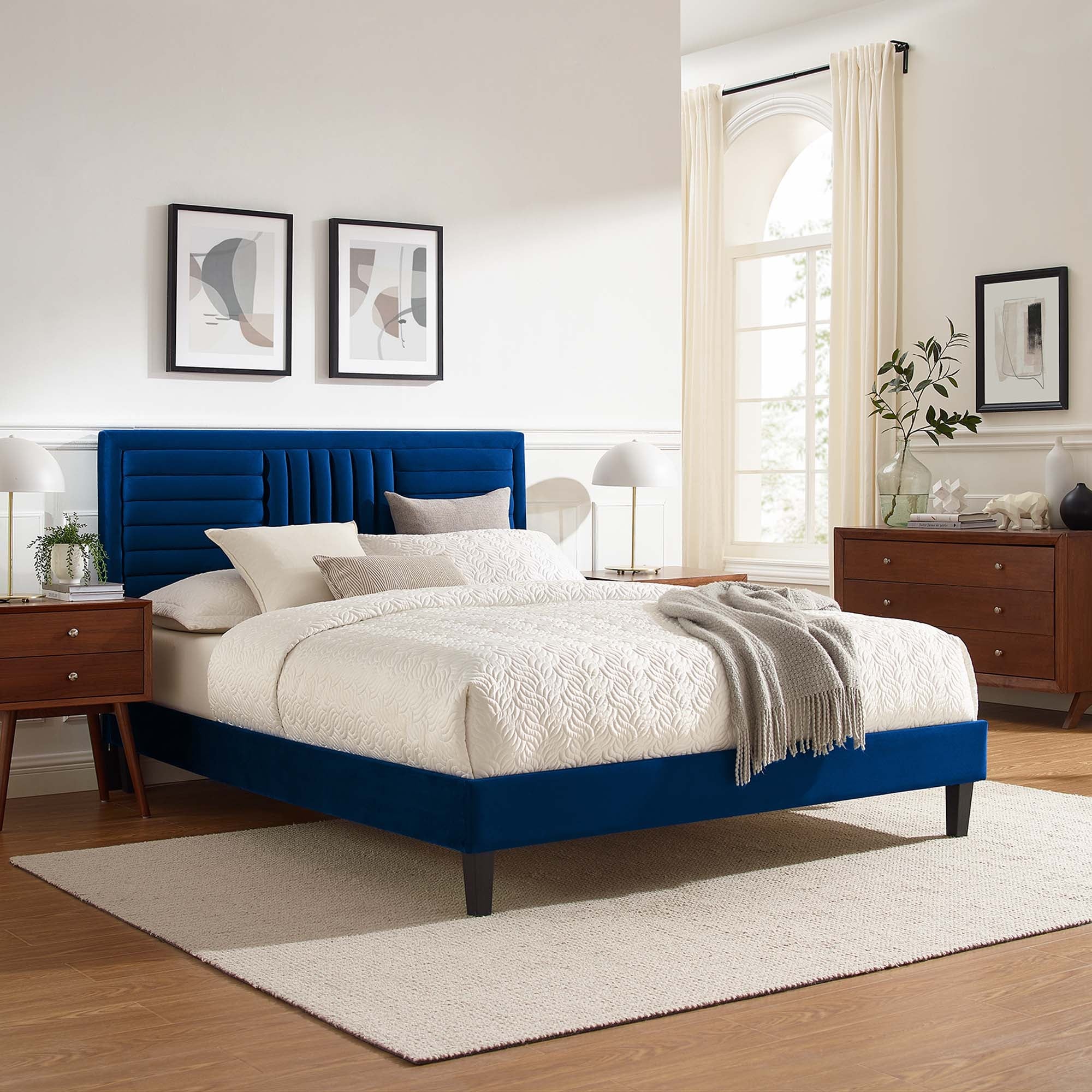 Sofia Channel Tufted Performance Velvet Platform Bed With Black Wood Legs - Image 14