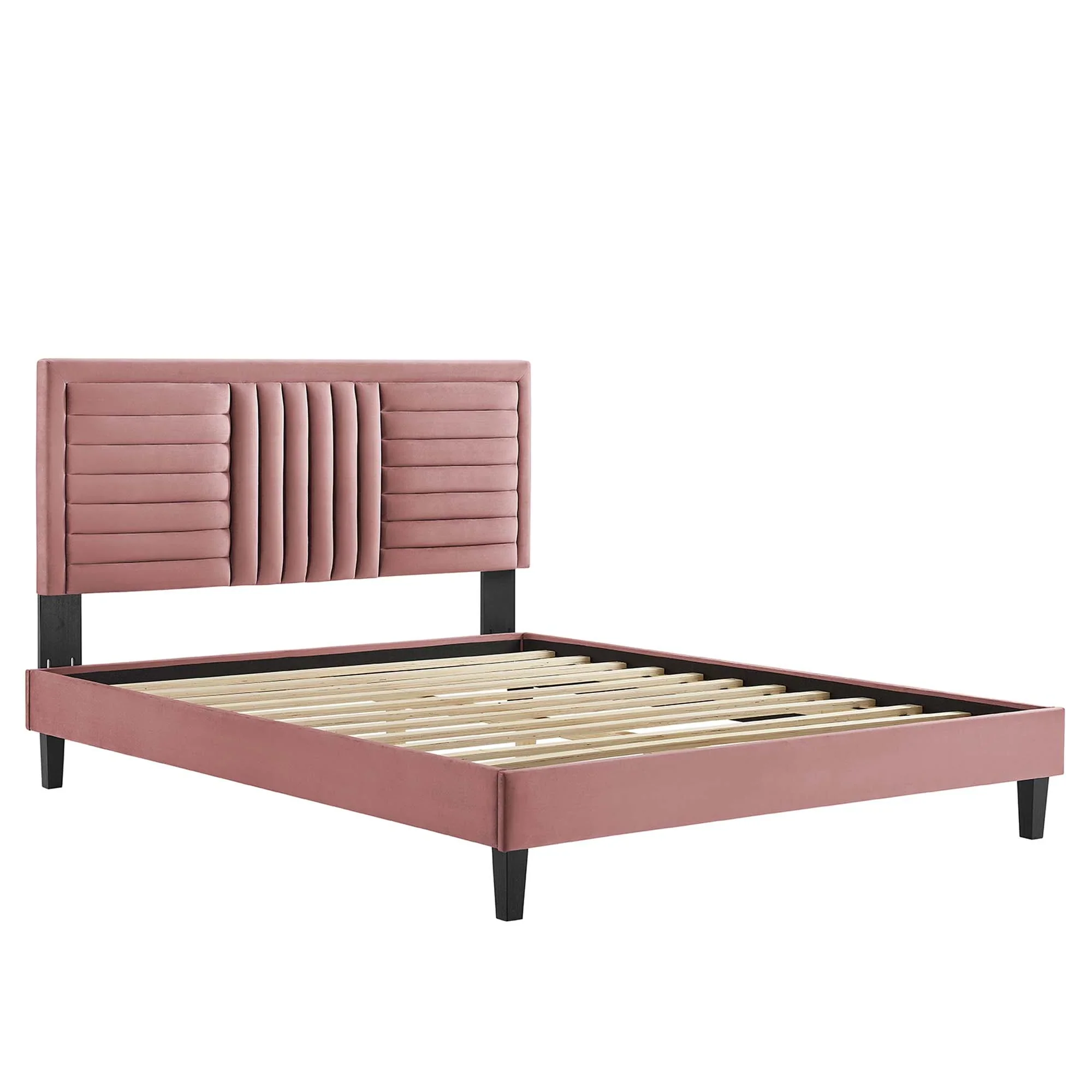 Sofia Channel Tufted Performance Velvet Platform Bed With Black Wood Legs - Image 17