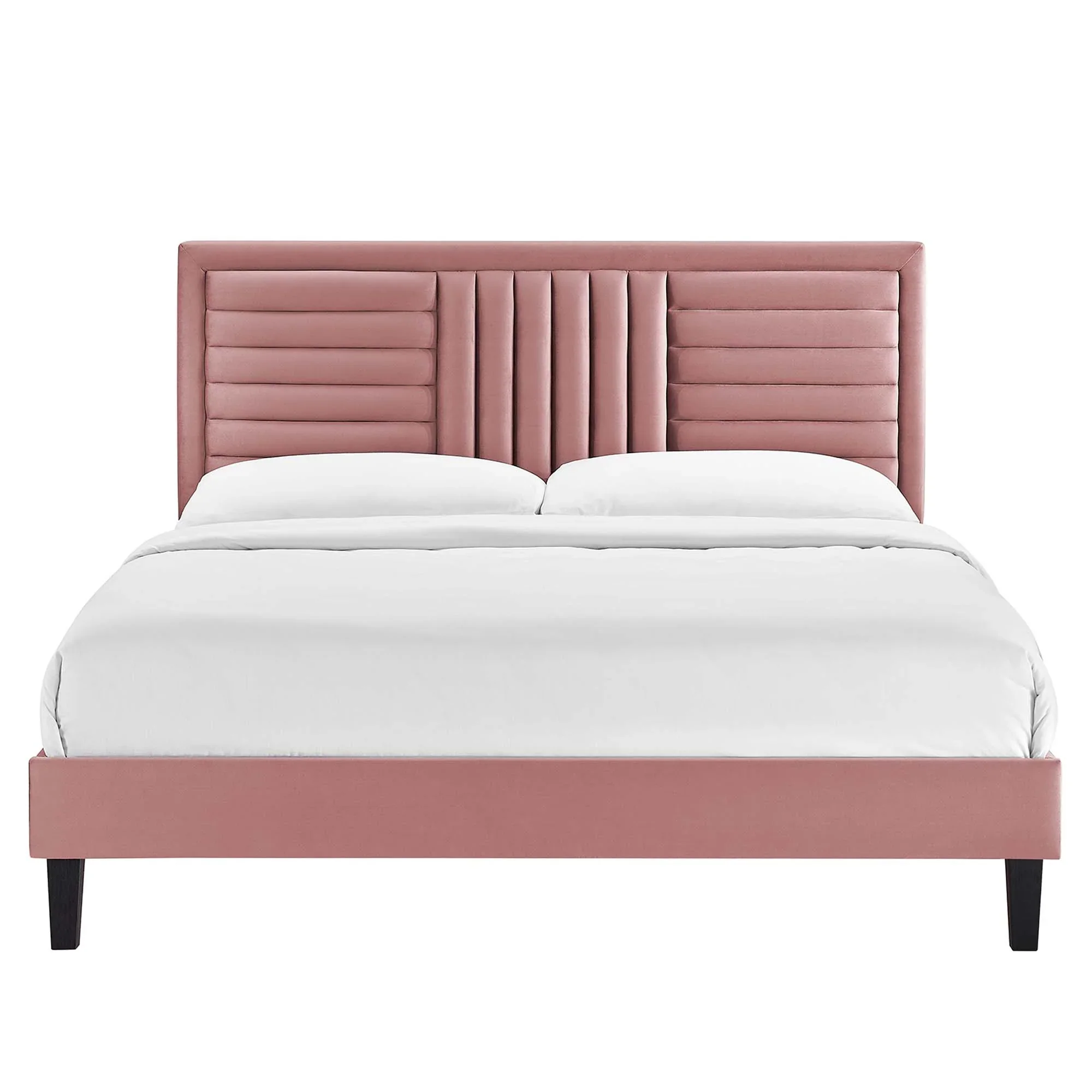 Sofia Channel Tufted Performance Velvet Platform Bed With Black Wood Legs - Image 19