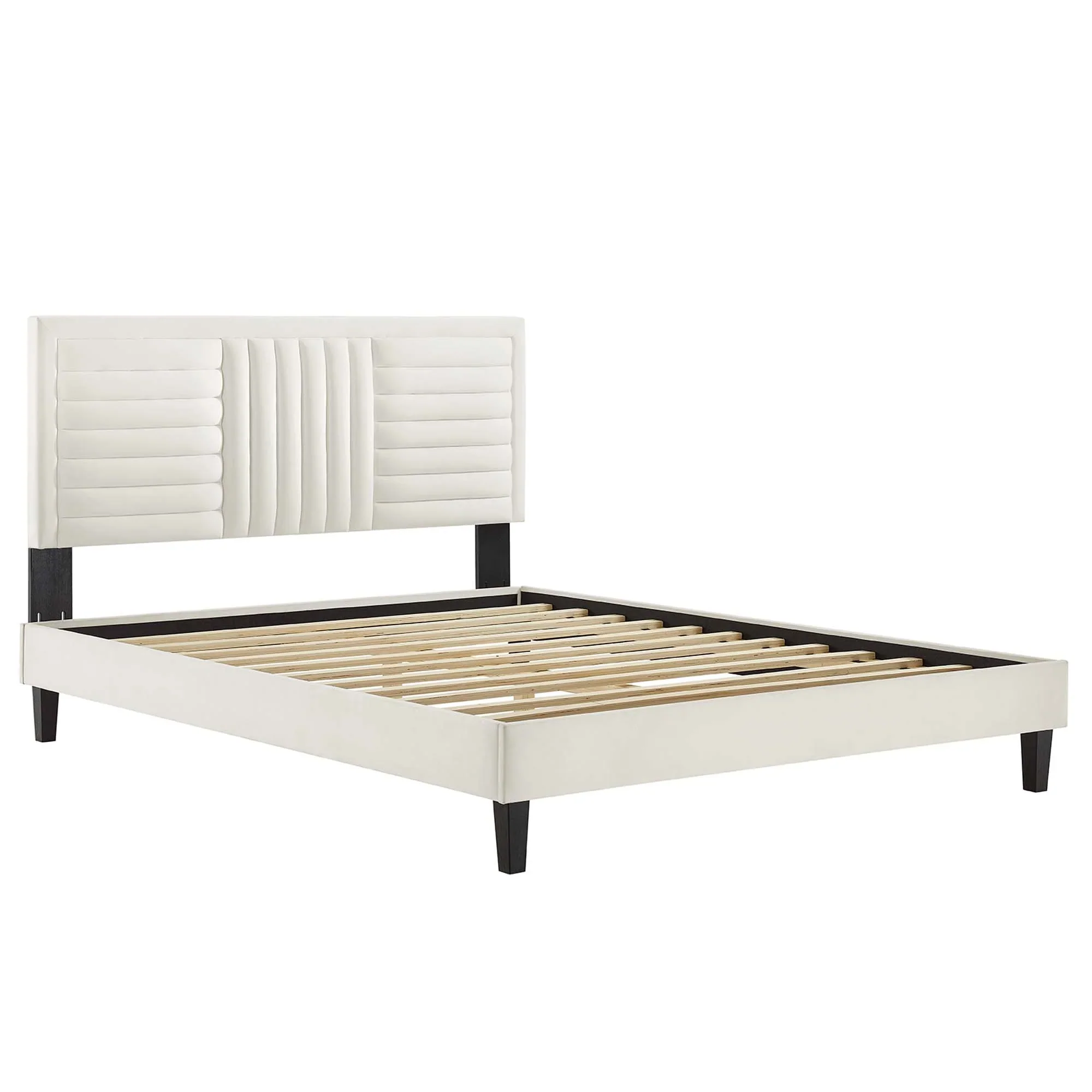 Sofia Channel Tufted Performance Velvet Platform Bed With Black Wood Legs - Image 2