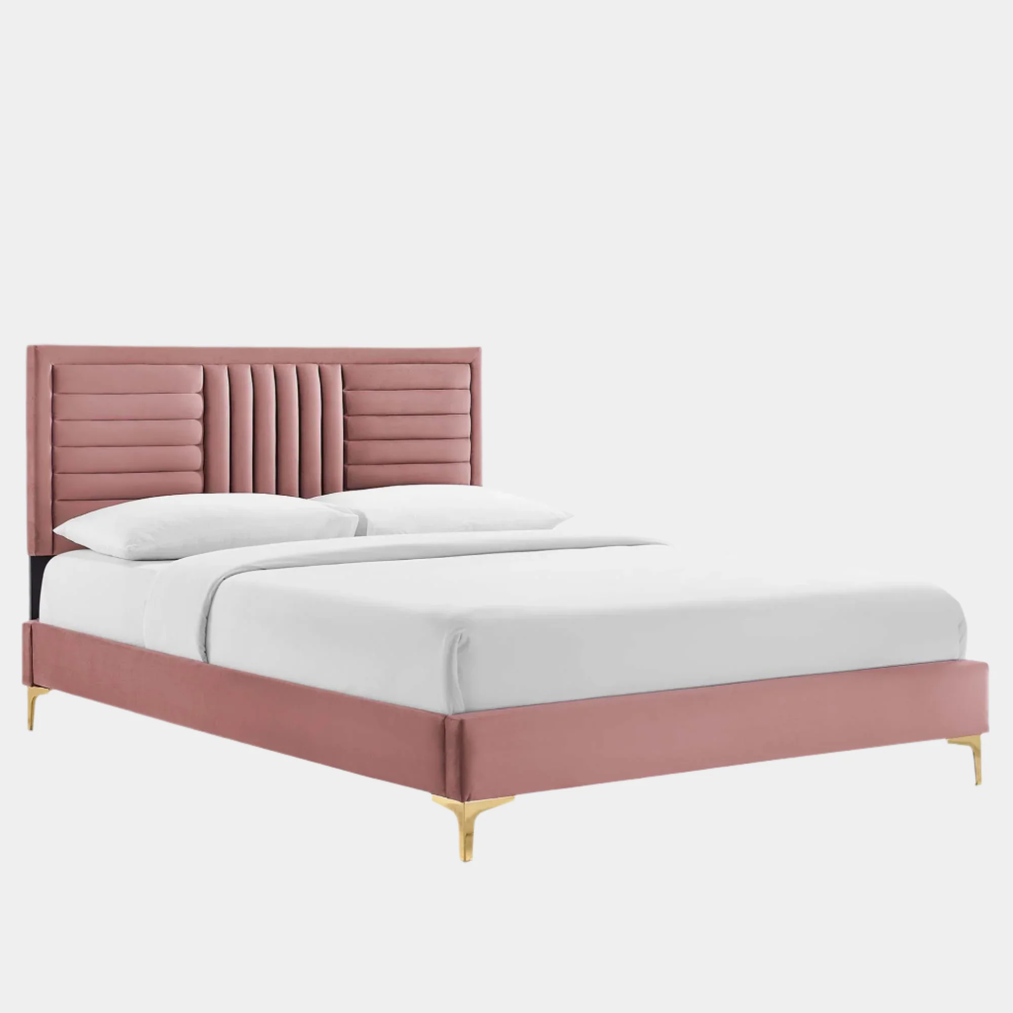 Sofia Channel Tufted Performance Velvet Platform Bed With Gold Metal Legs - Image 15