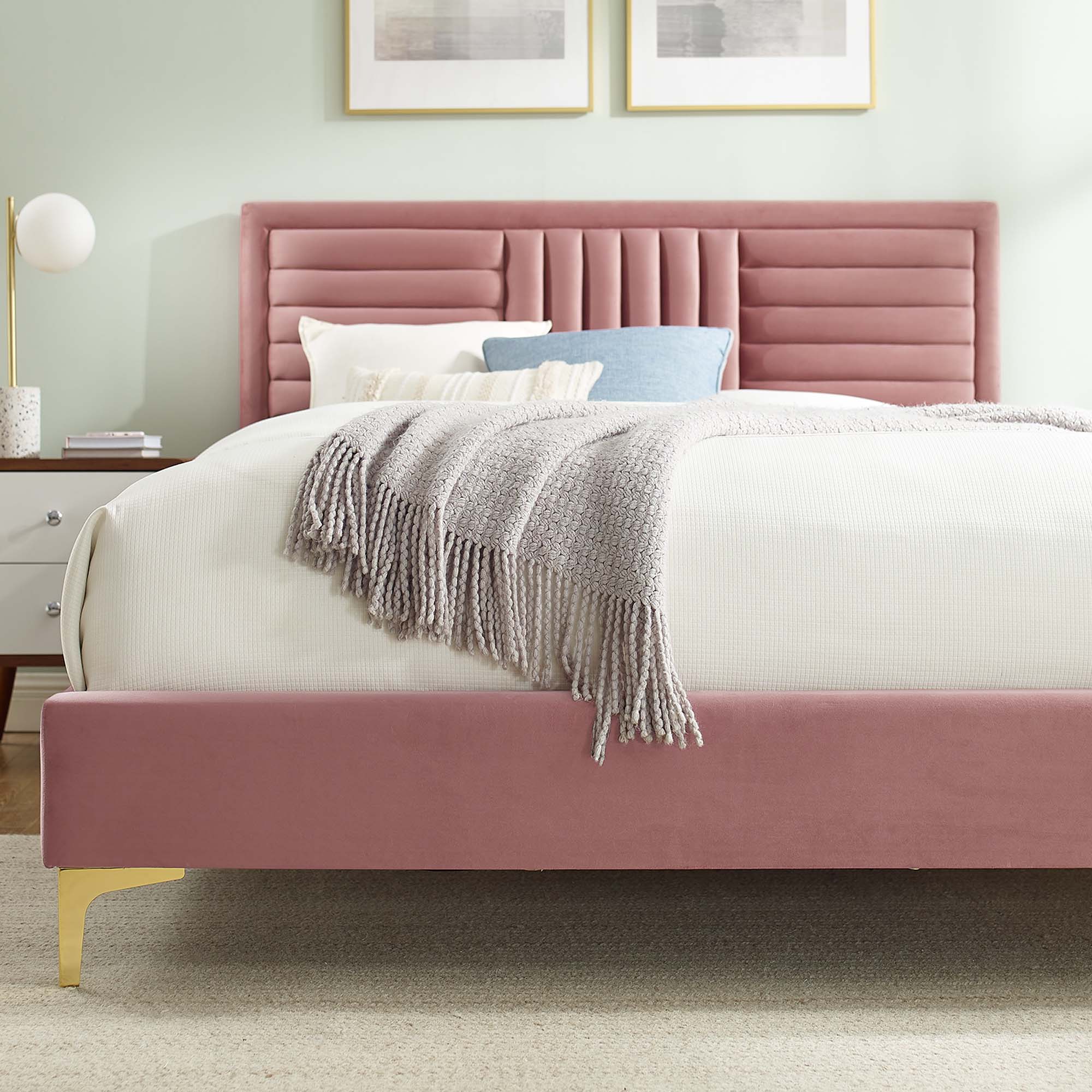 Sofia Channel Tufted Performance Velvet Platform Bed With Gold Metal Legs - Image 16