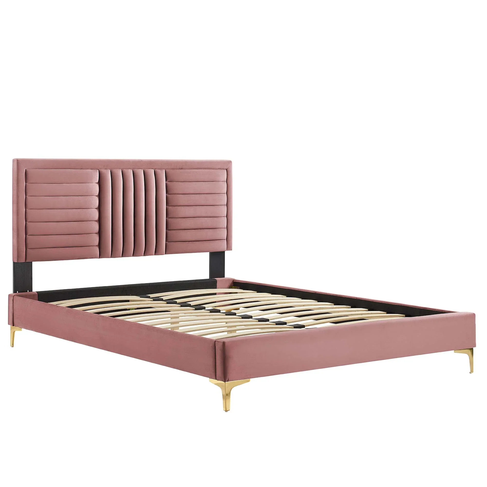 Sofia Channel Tufted Performance Velvet Platform Bed With Gold Metal Legs - Image 17