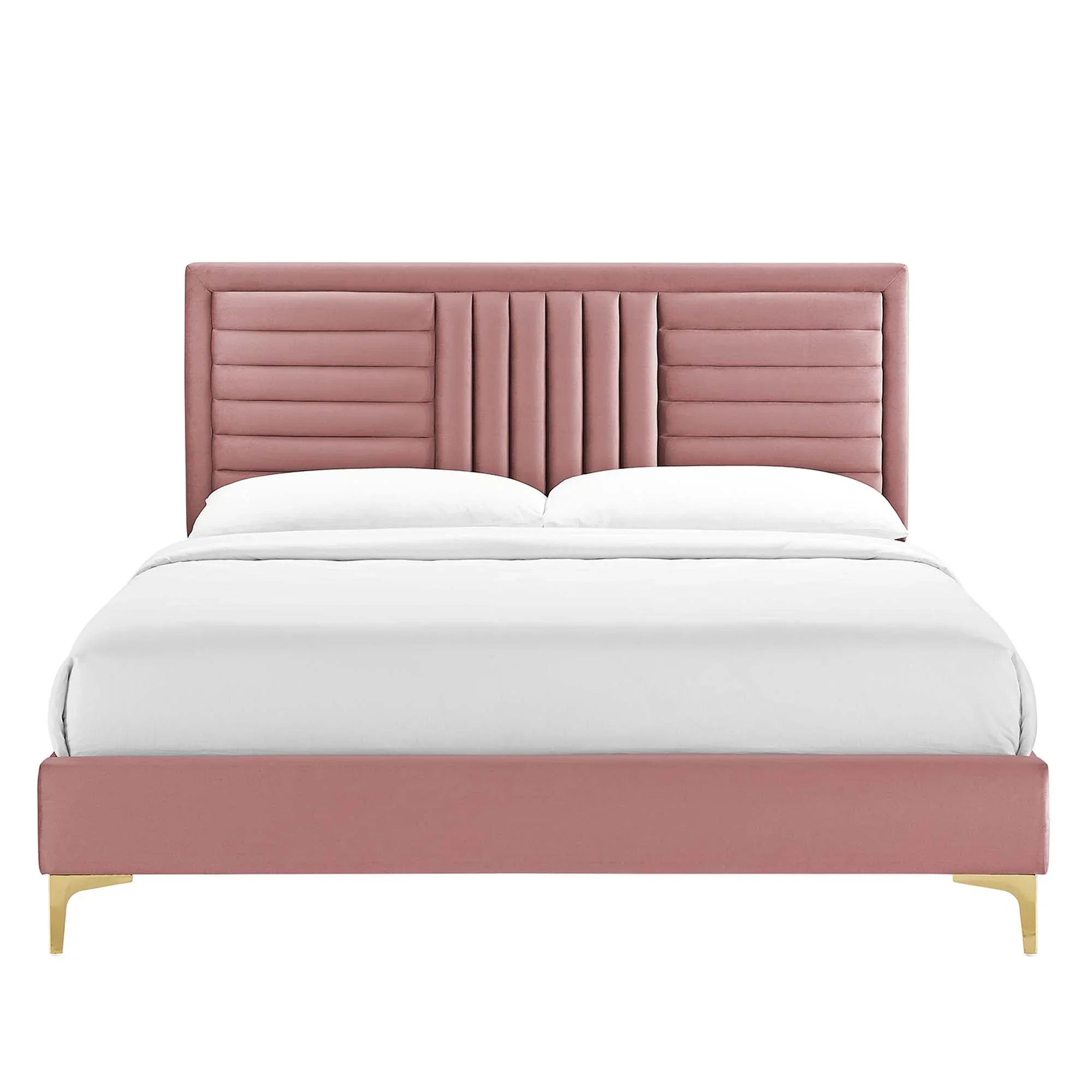 Sofia Channel Tufted Performance Velvet Platform Bed With Gold Metal Legs - Image 19