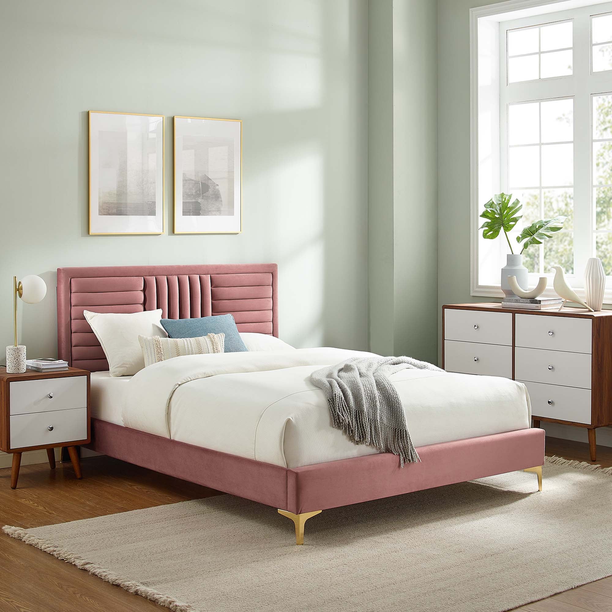 Sofia Channel Tufted Performance Velvet Platform Bed With Gold Metal Legs - Image 21