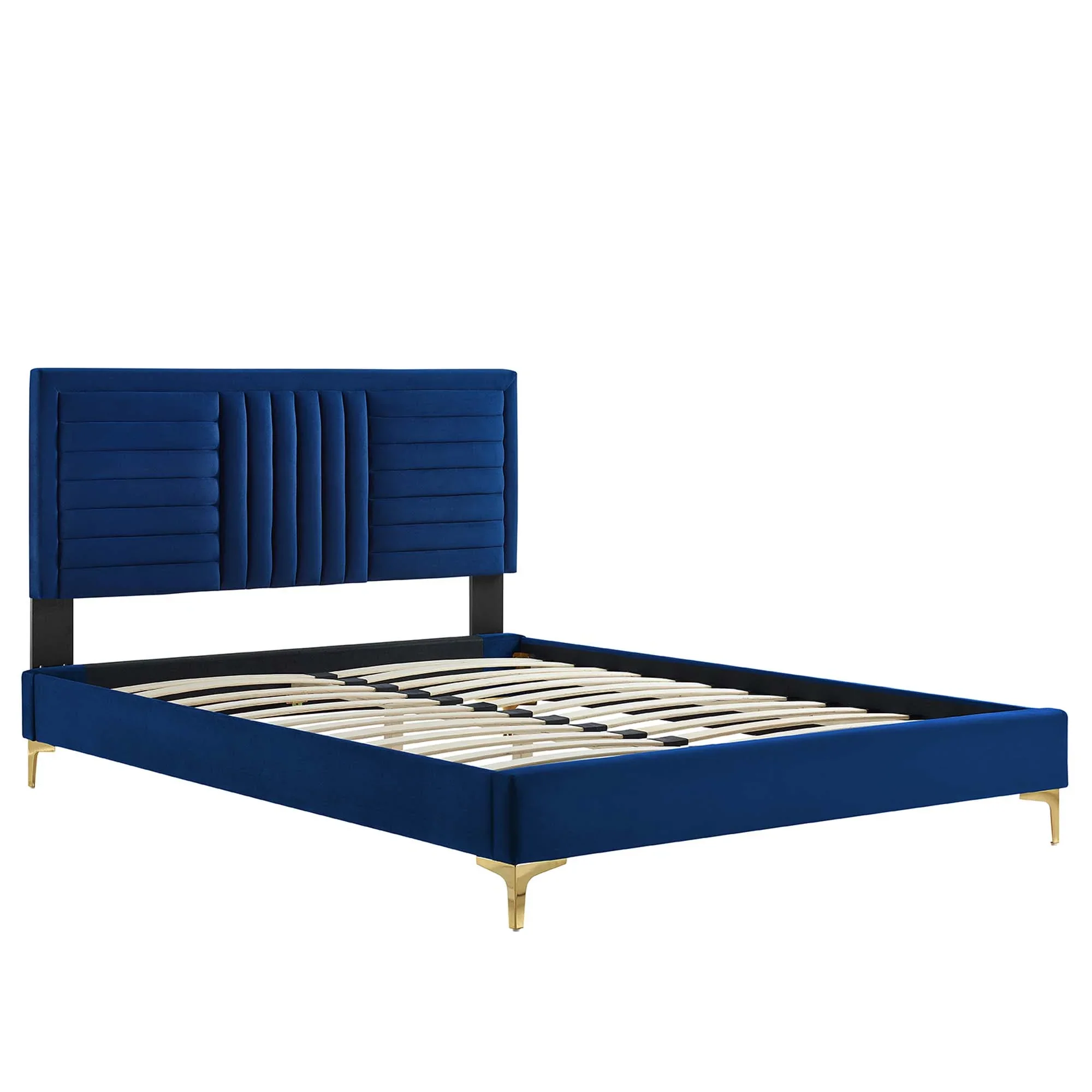 Sofia Channel Tufted Performance Velvet Platform Bed With Gold Metal Legs - Image 3