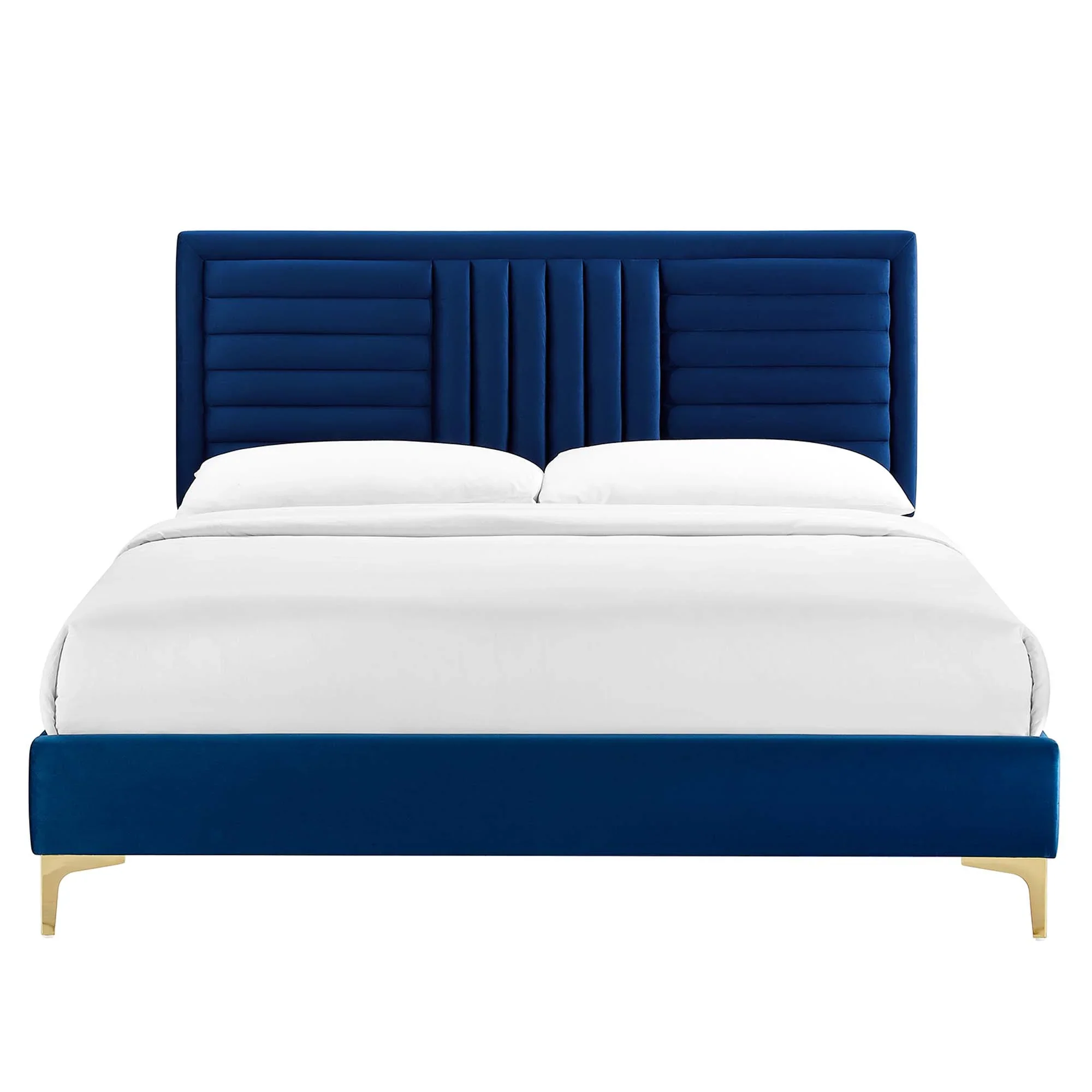 Sofia Channel Tufted Performance Velvet Platform Bed With Gold Metal Legs - Image 5