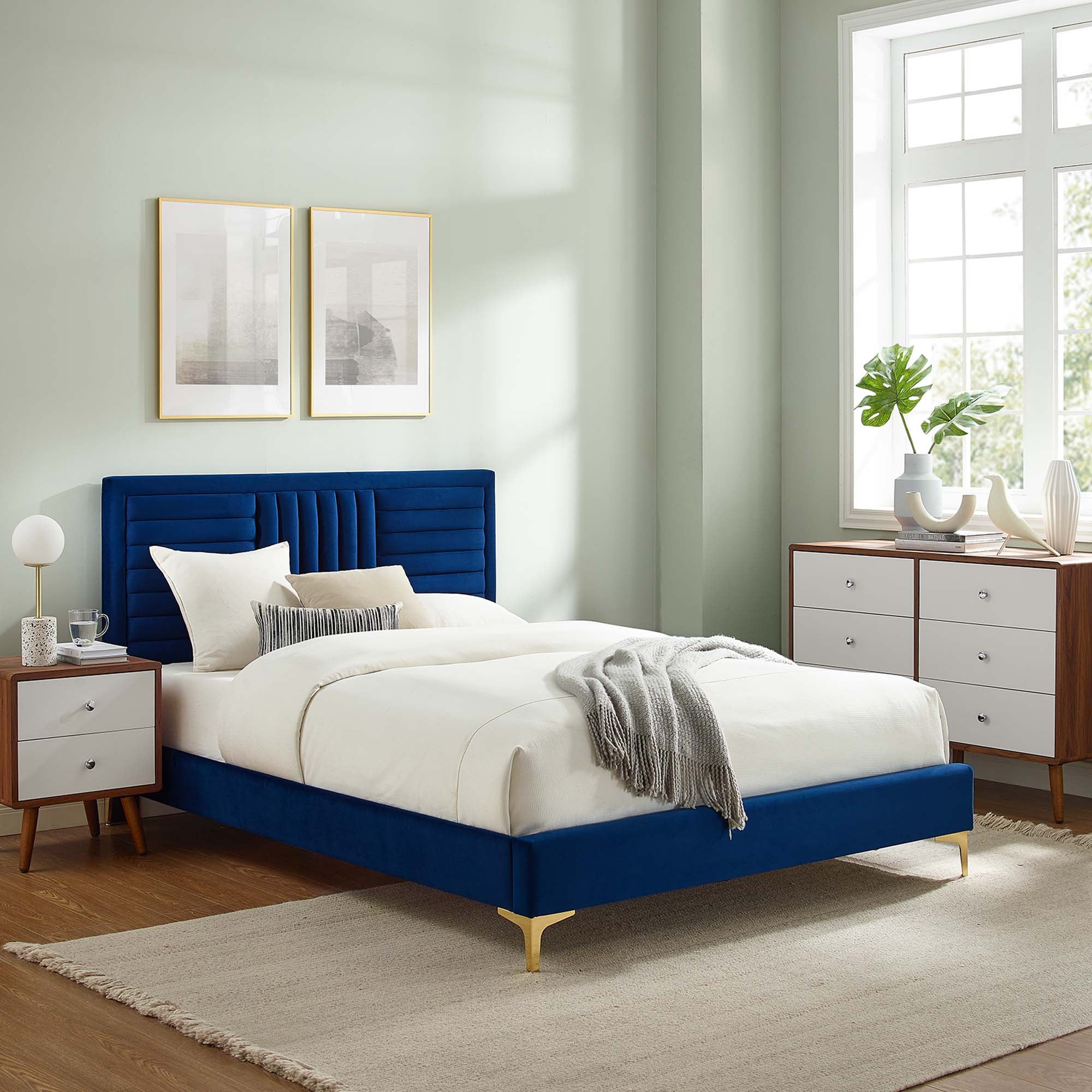Sofia Channel Tufted Performance Velvet Platform Bed With Gold Metal Legs - Image 7