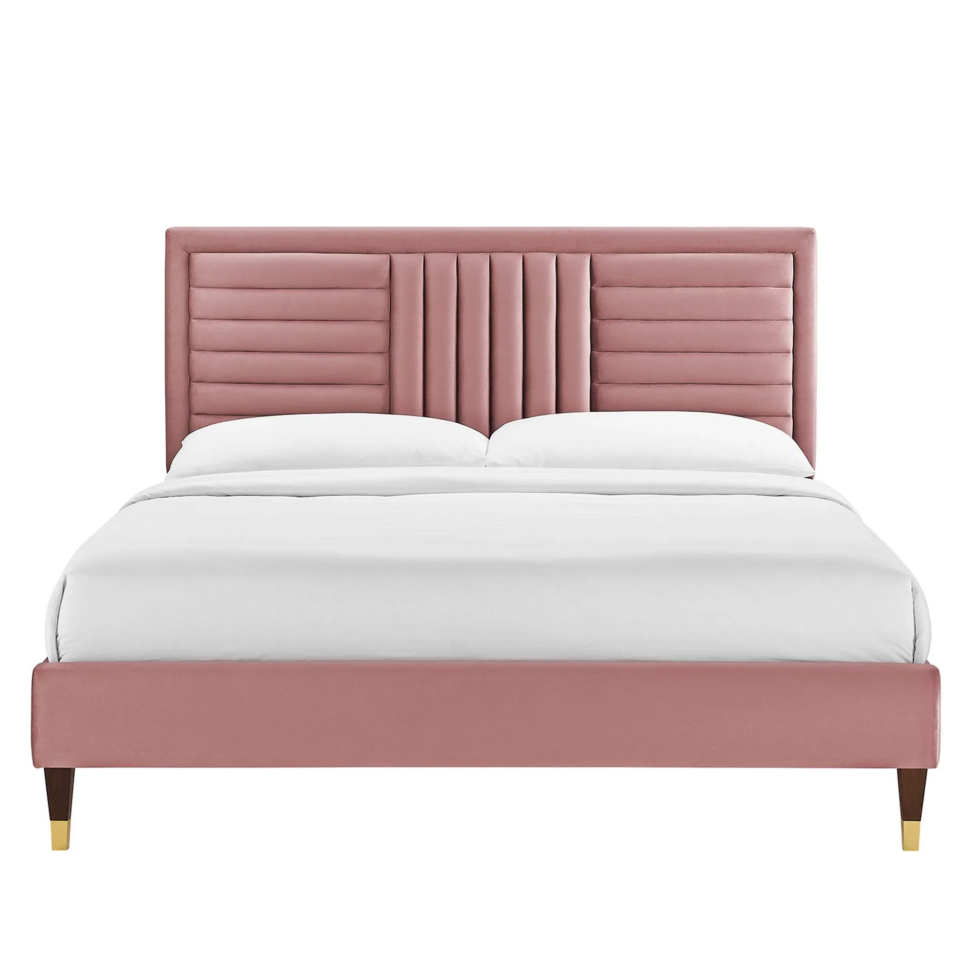 Sofia Channel Tufted Performance Velvet Platform Bed With Wood and Gold Legs - Image 11