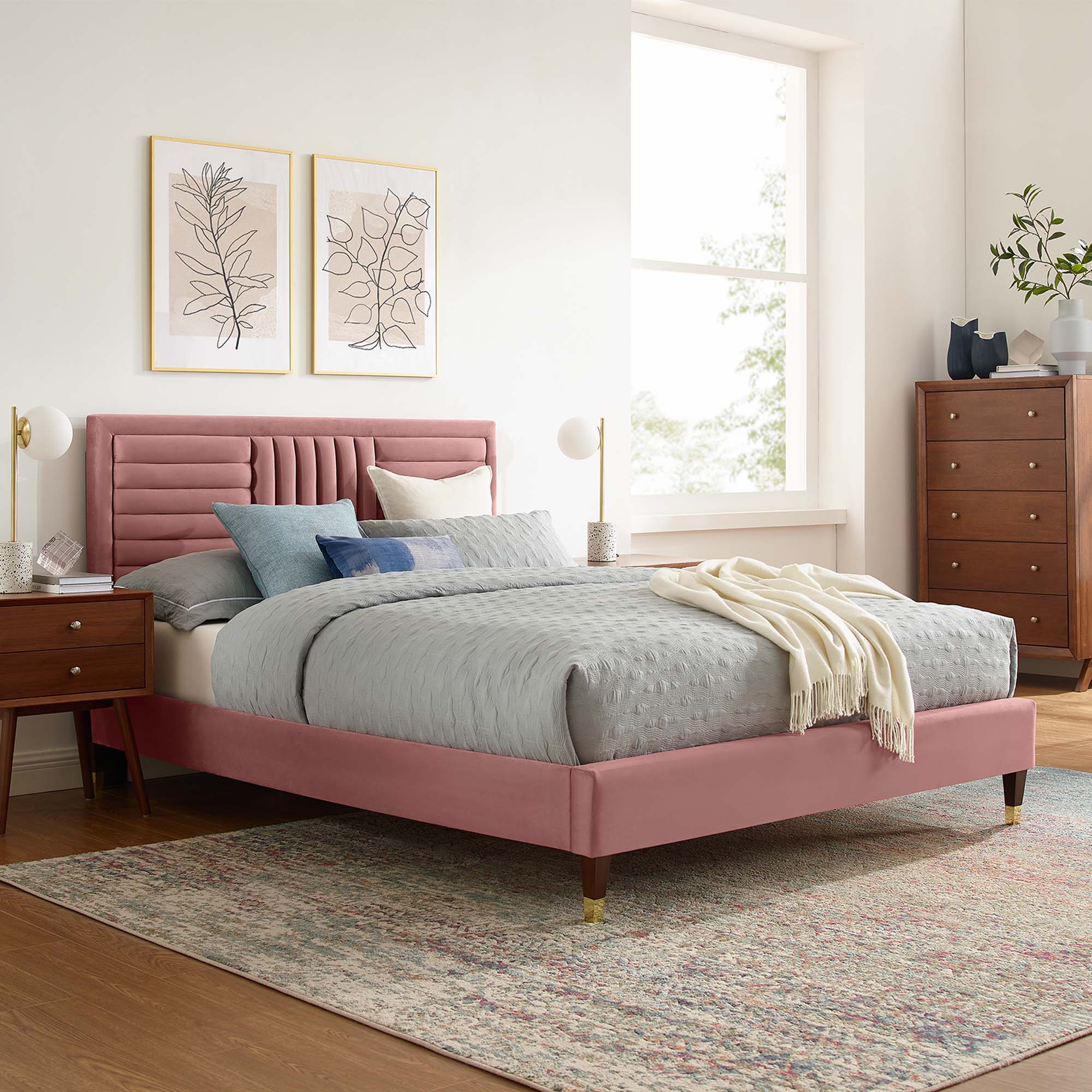 Sofia Channel Tufted Performance Velvet Platform Bed With Wood and Gold Legs - Image 14