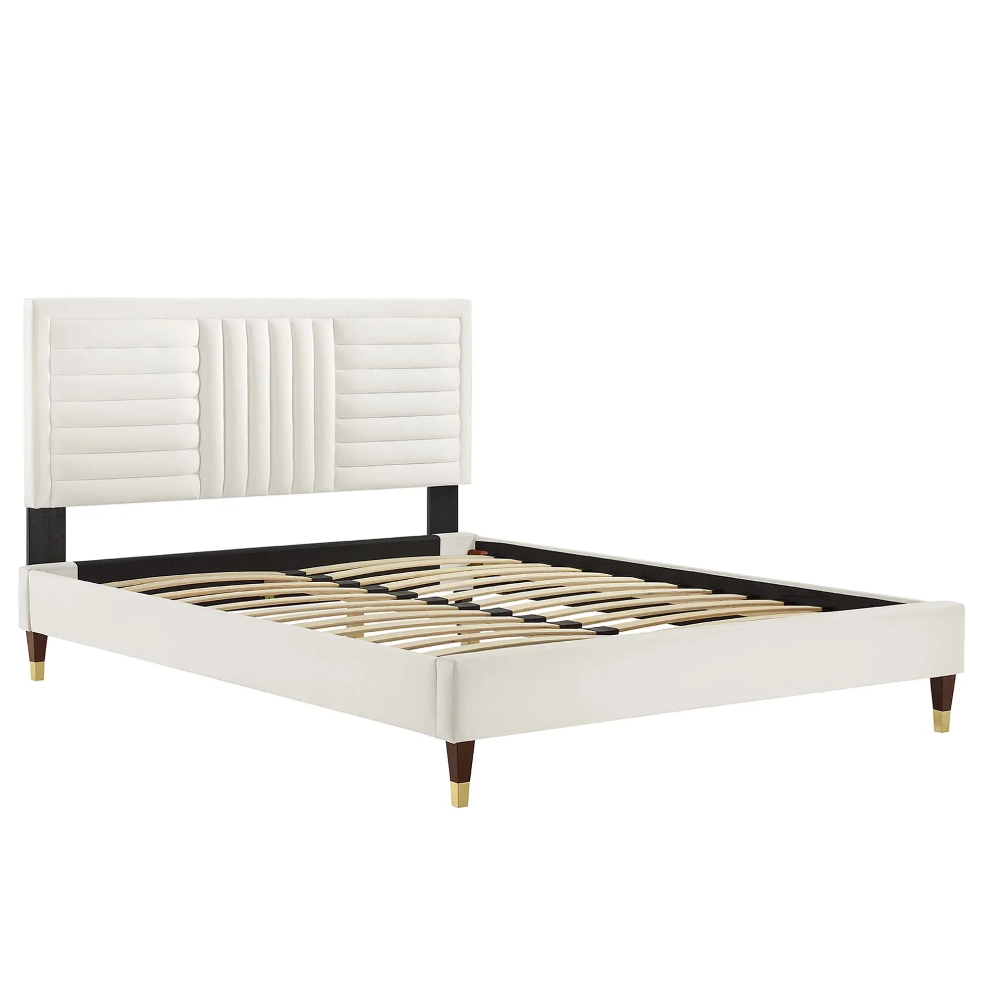 Sofia Channel Tufted Performance Velvet Platform Bed With Wood and Gold Legs - Image 4