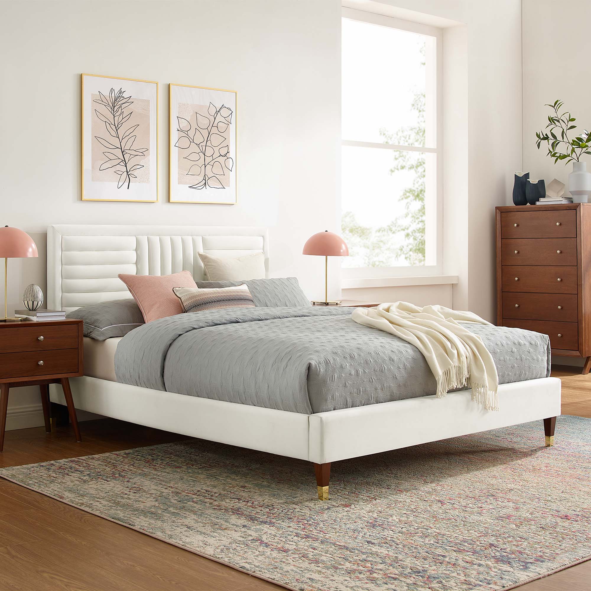 Sofia Channel Tufted Performance Velvet Platform Bed With Wood and Gold Legs - Image 7