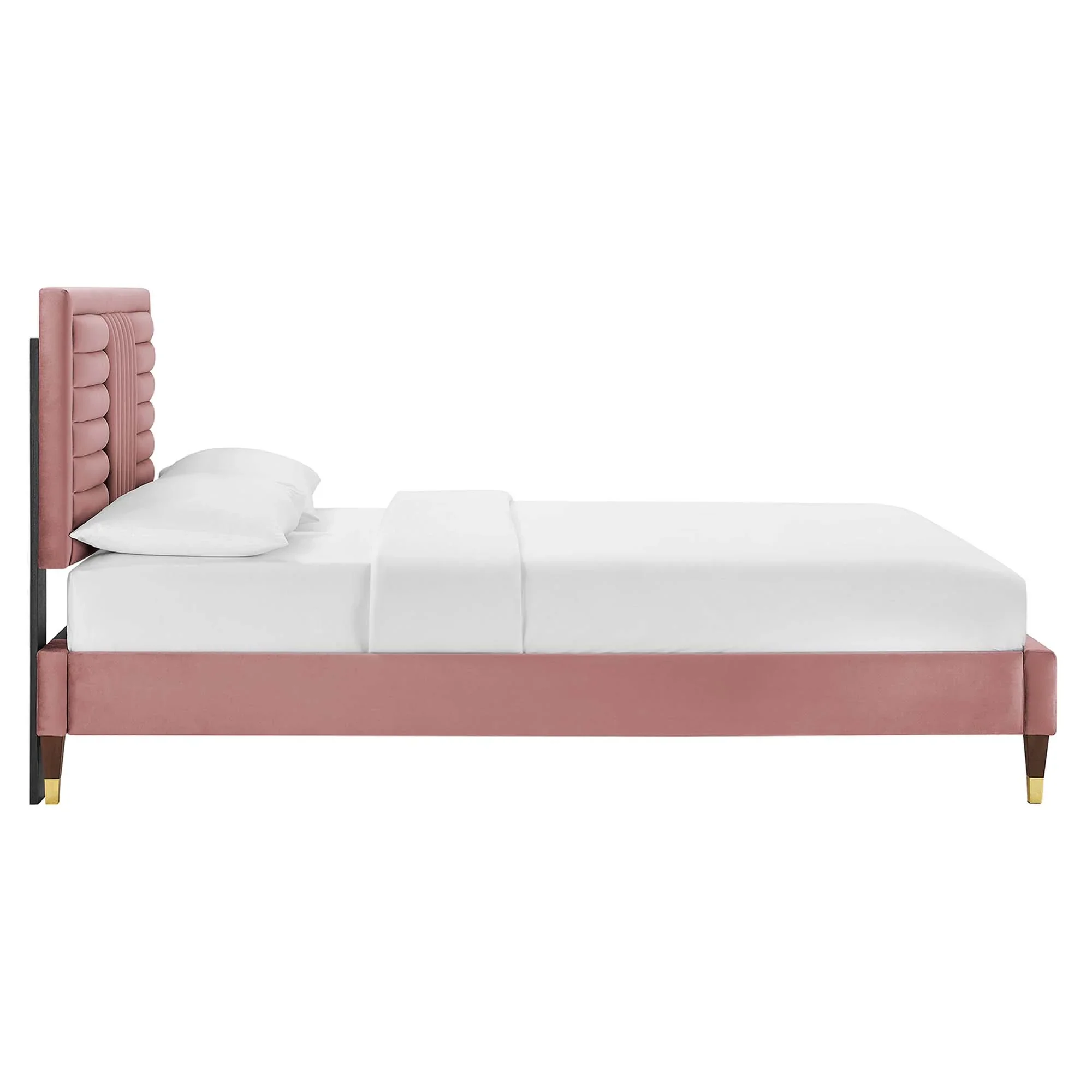 Sofia Channel Tufted Performance Velvet Platform Bed With Wood and Gold Legs - Image 9