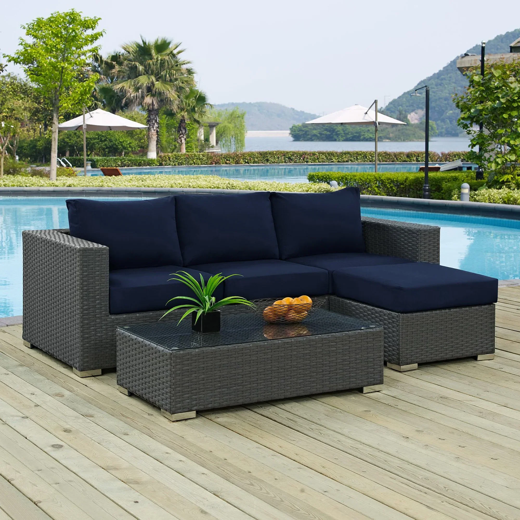 Sojourn 3 Piece Outdoor Patio Sunbrella® Sectional Set in Canvas Navy - Image 2