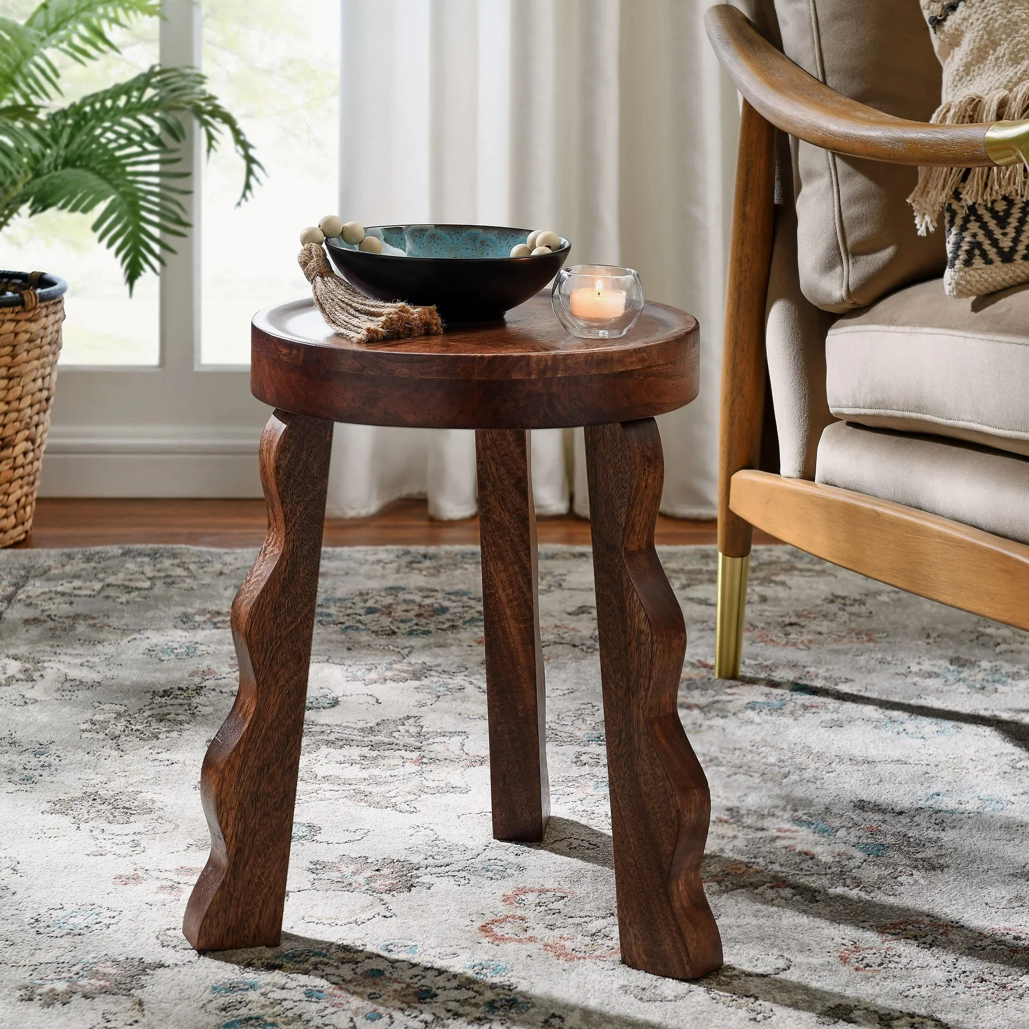 Sorrel Carved Wood Stool in Walnut - Image 2