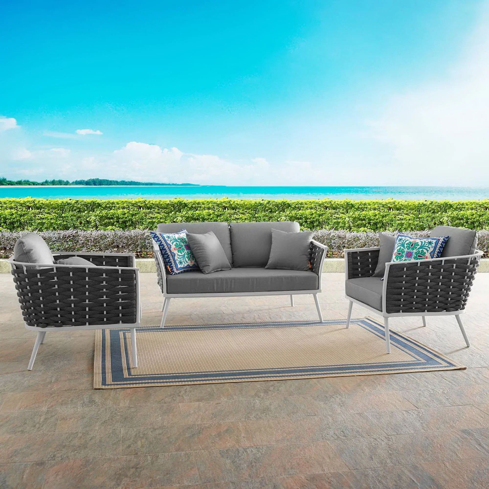 Stance 3 Piece Outdoor Aluminum Sectional Sofa Set in White Gray - Image 2